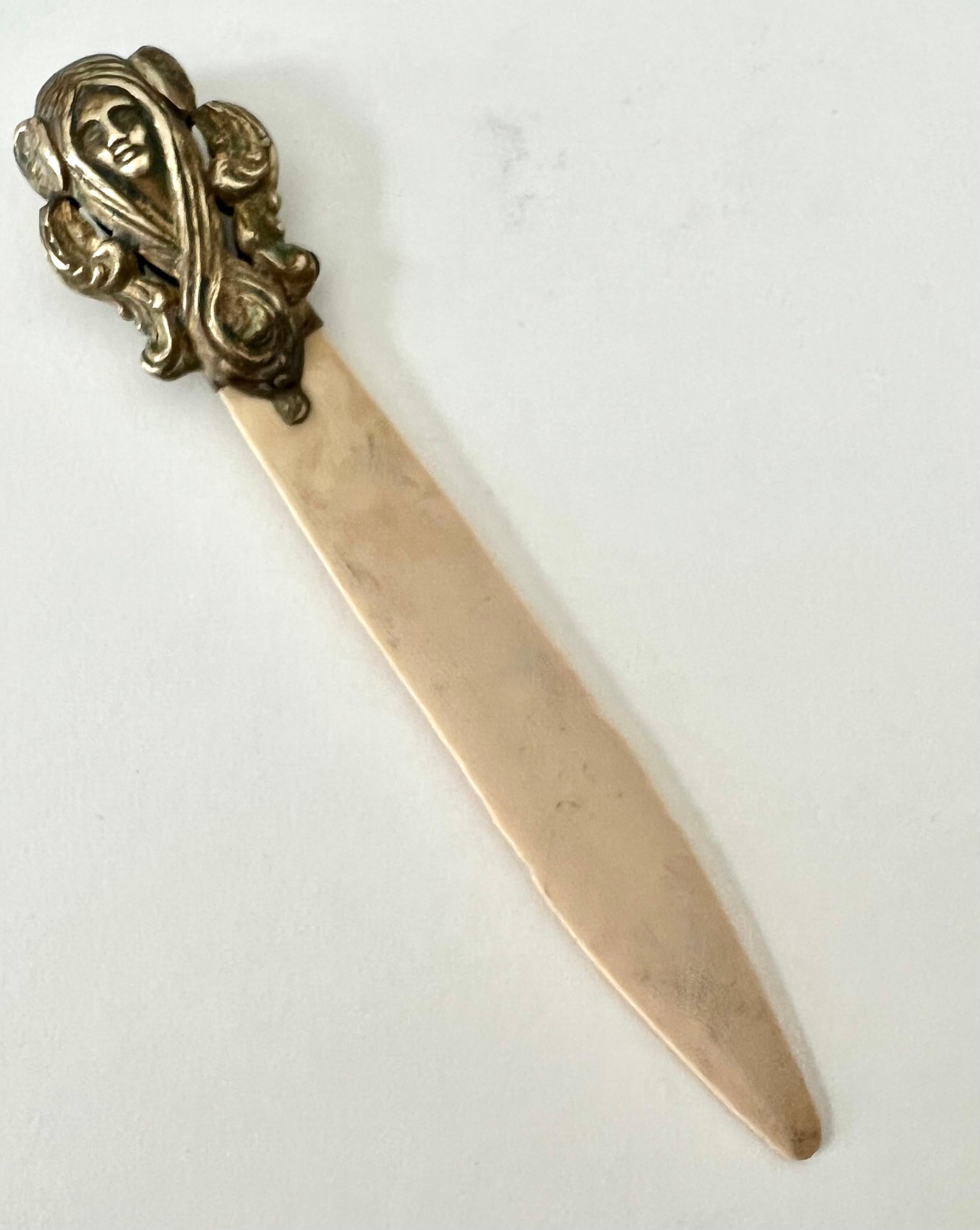 19th Century French Art Nouveau Brass and Bone Letter Opener For Sale 1