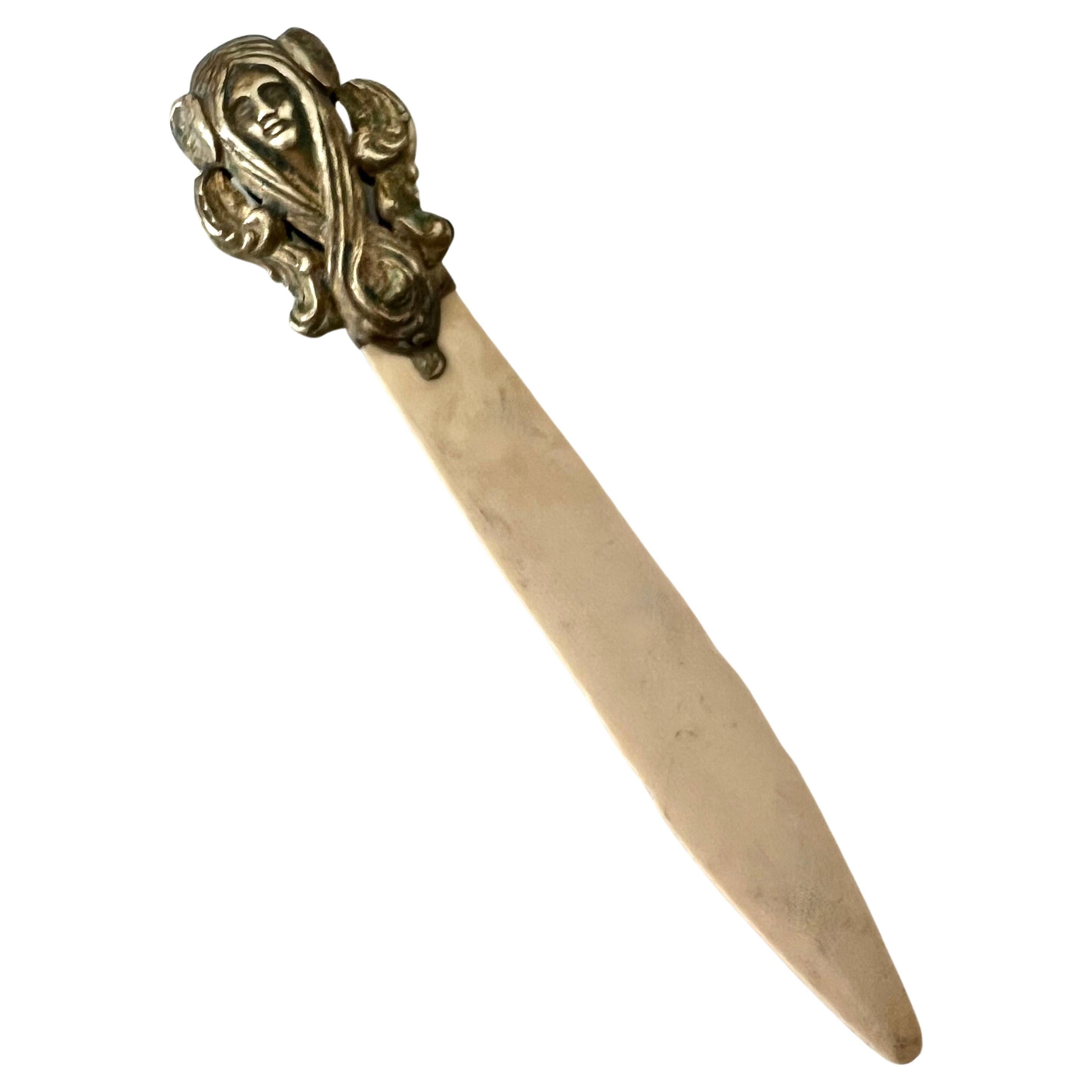 19th Century French Art Nouveau Brass and Bone Letter Opener For Sale