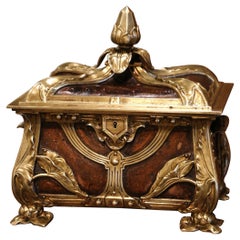 19th Century French Art Nouveau Bronze Dore and Leather Bombe Jewelry Casket