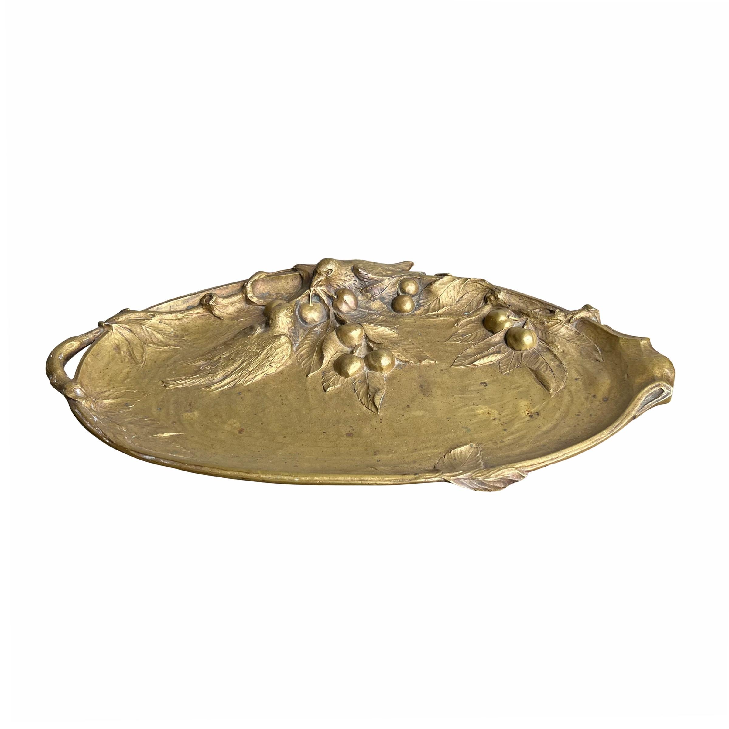 Gilt 19th Century French Art Nouveau Cast Bronze Tray with Birds and Cherries For Sale