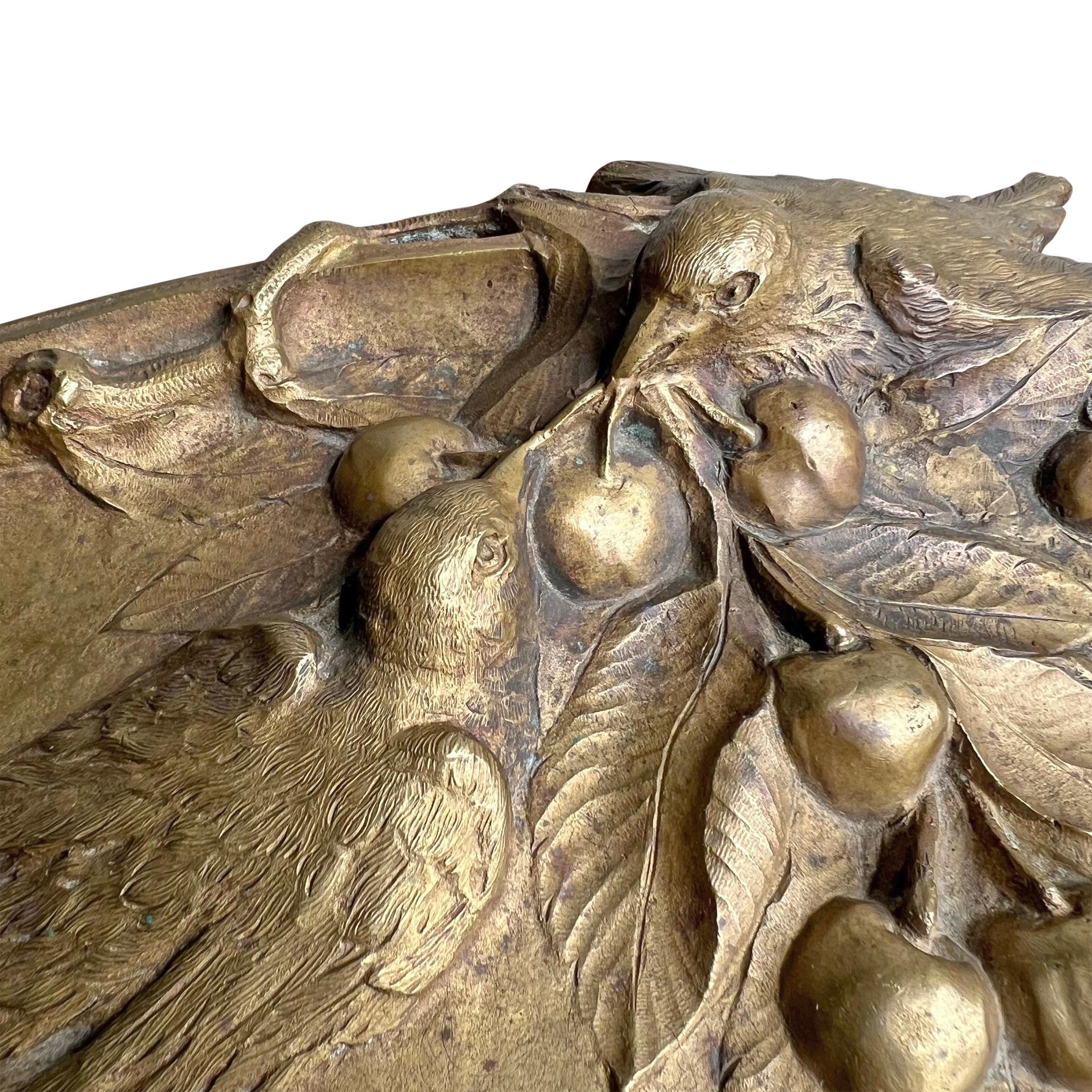 19th Century French Art Nouveau Cast Bronze Tray with Birds and Cherries For Sale 4