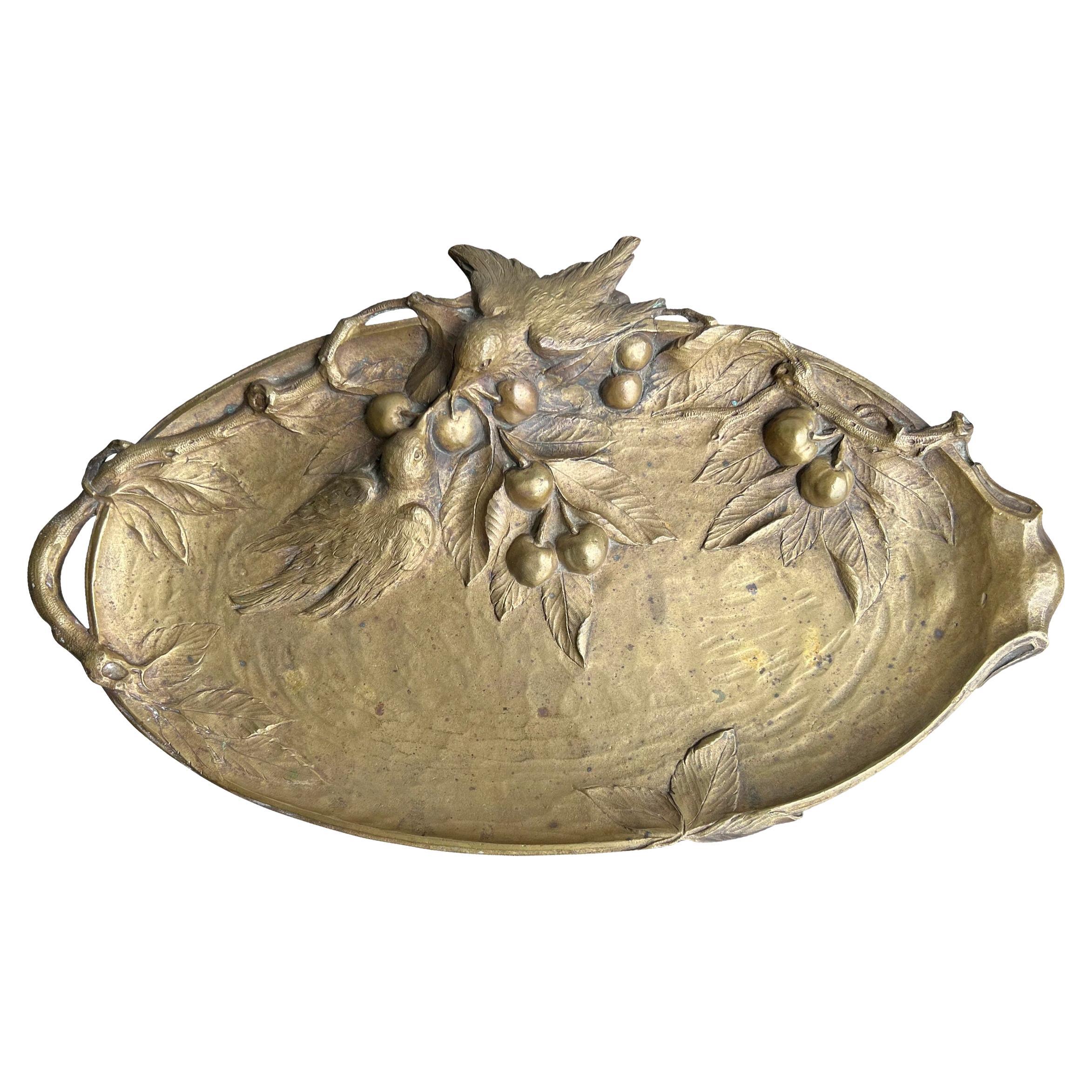 19th Century French Art Nouveau Cast Bronze Tray with Birds and Cherries For Sale