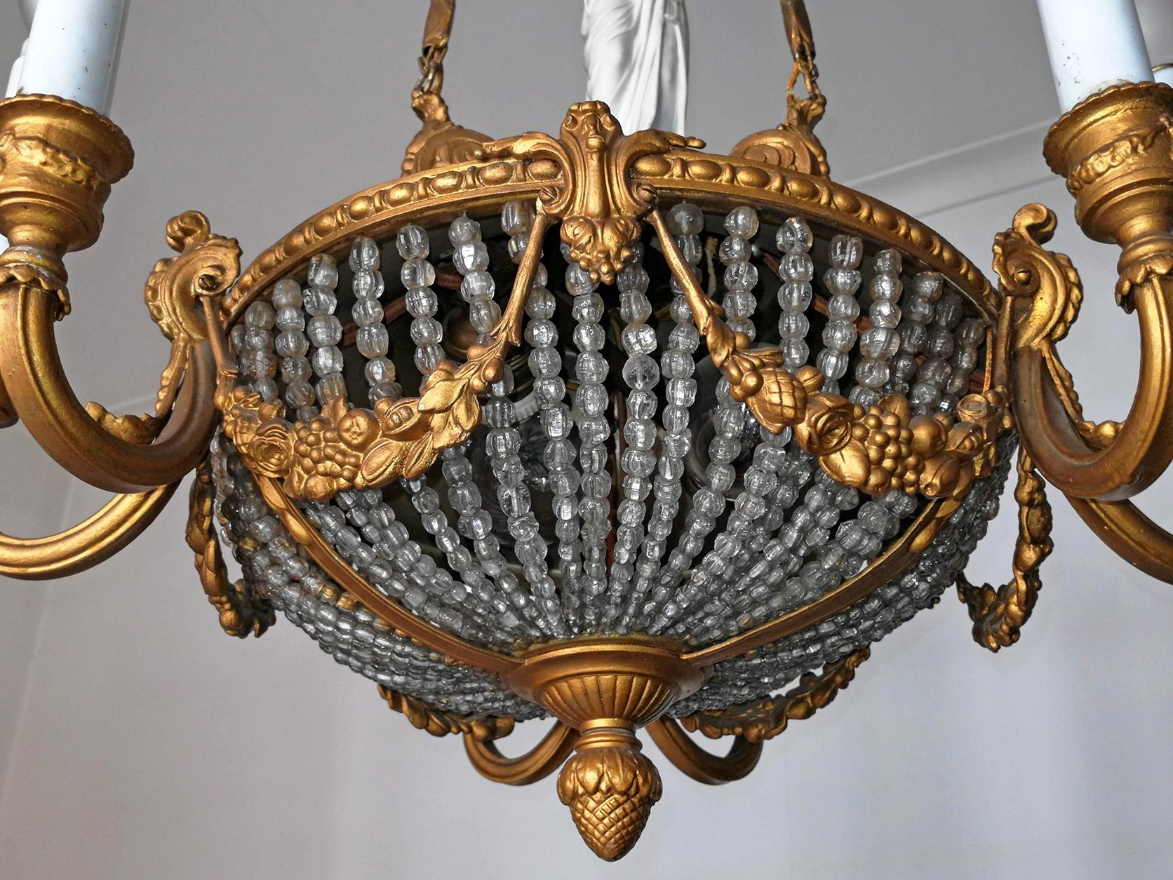 19th Century French Art Nouveau Empire Caryatid, Gilt Bronze & Beaded Chandelier For Sale 5