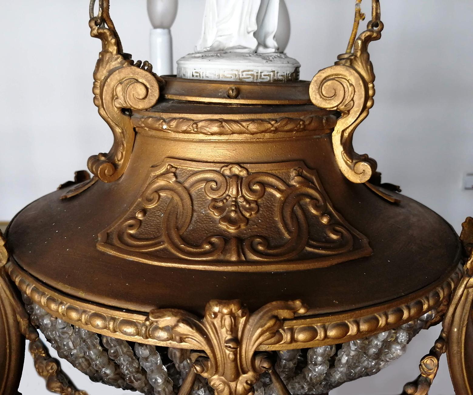 lustre Art Nouveau Empire du 19ème siècle:: Caryatide:: Bronze doré & Lustre perlé en vente 5
