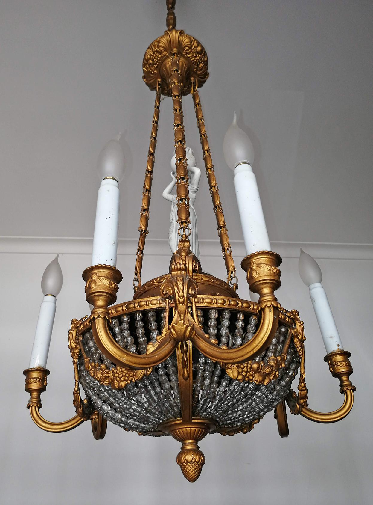lustre Art Nouveau Empire du 19ème siècle:: Caryatide:: Bronze doré & Lustre perlé Bon état - En vente à Coimbra, PT
