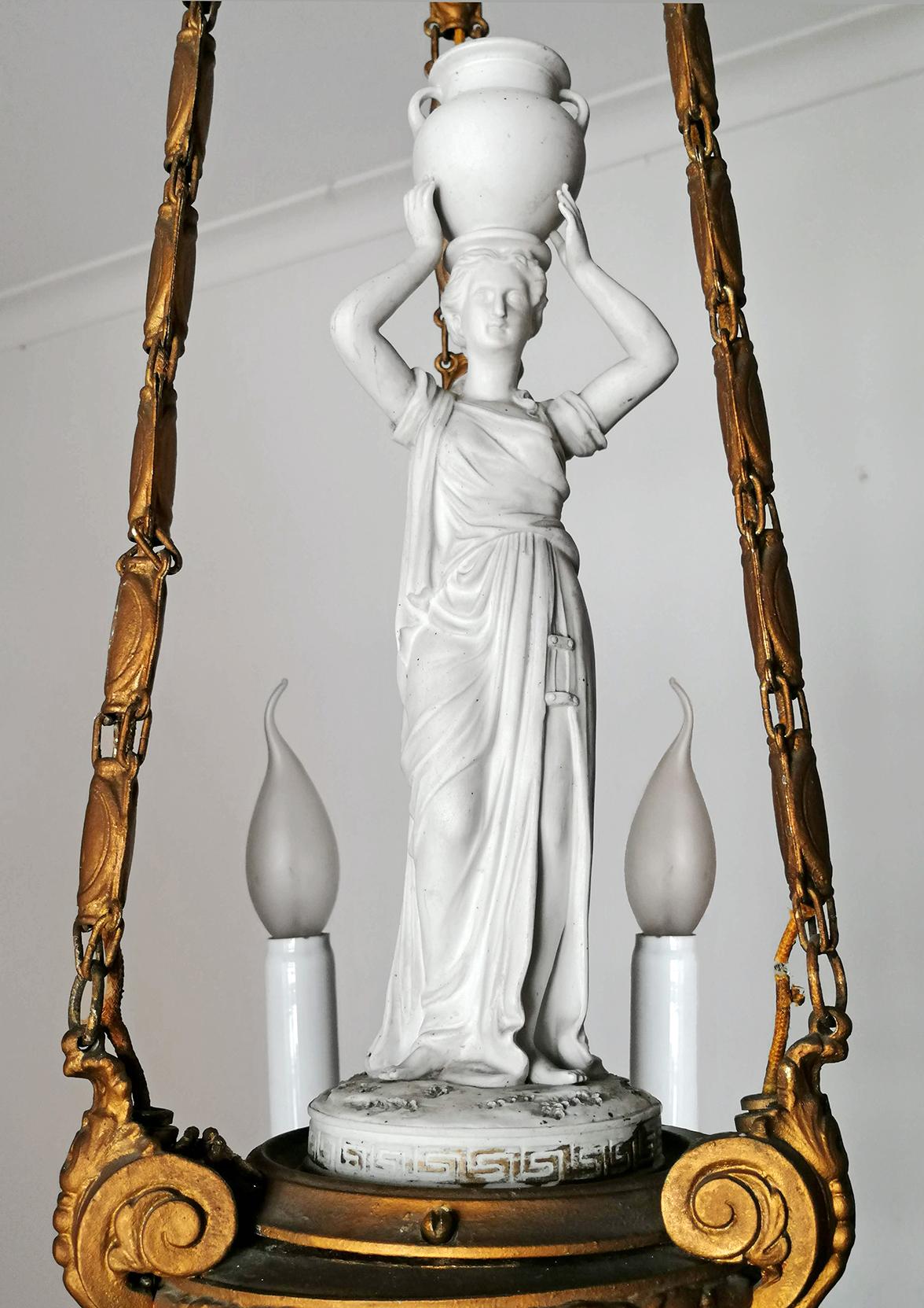 lustre Art Nouveau Empire du 19ème siècle:: Caryatide:: Bronze doré & Lustre perlé en vente 1