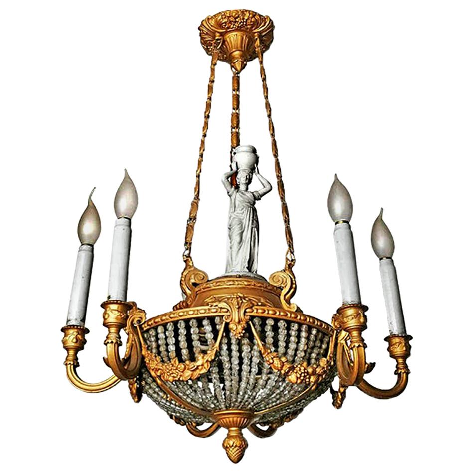 lustre Art Nouveau Empire du 19ème siècle:: Caryatide:: Bronze doré & Lustre perlé
