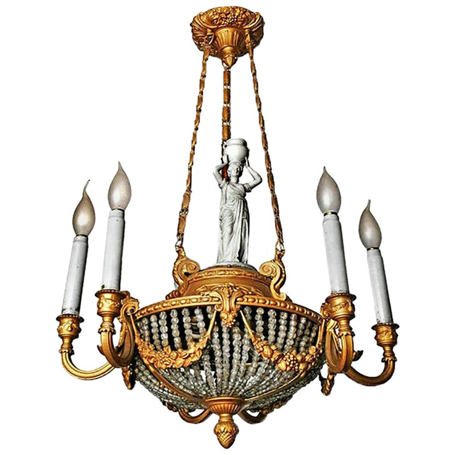 Lustre Empire français Art Nouveau du 19ème siècle en forme de cariatides, bronze doré et perles