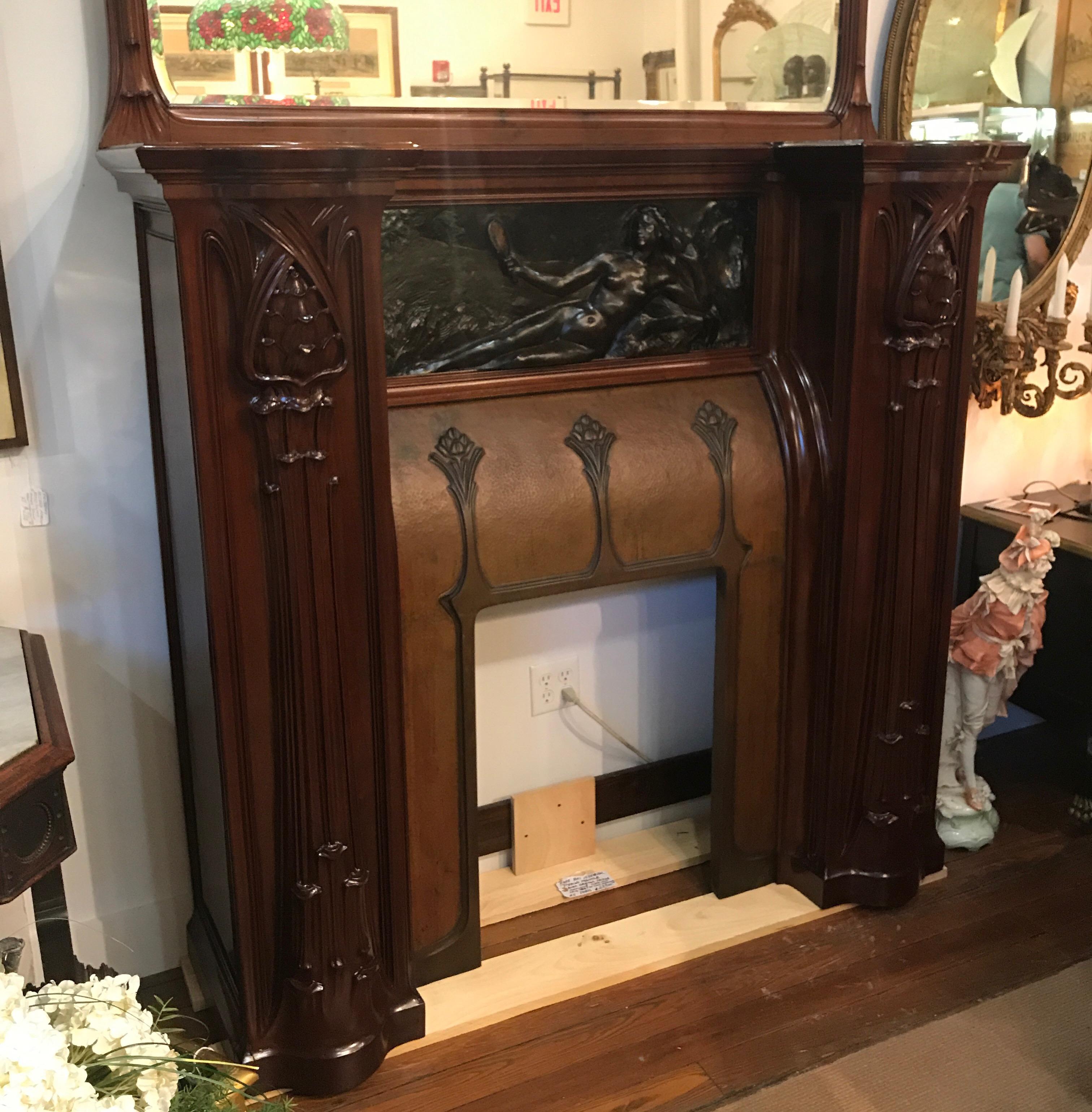 19th Century French Art Nouveau Fireplace Mantle with Mirror 8