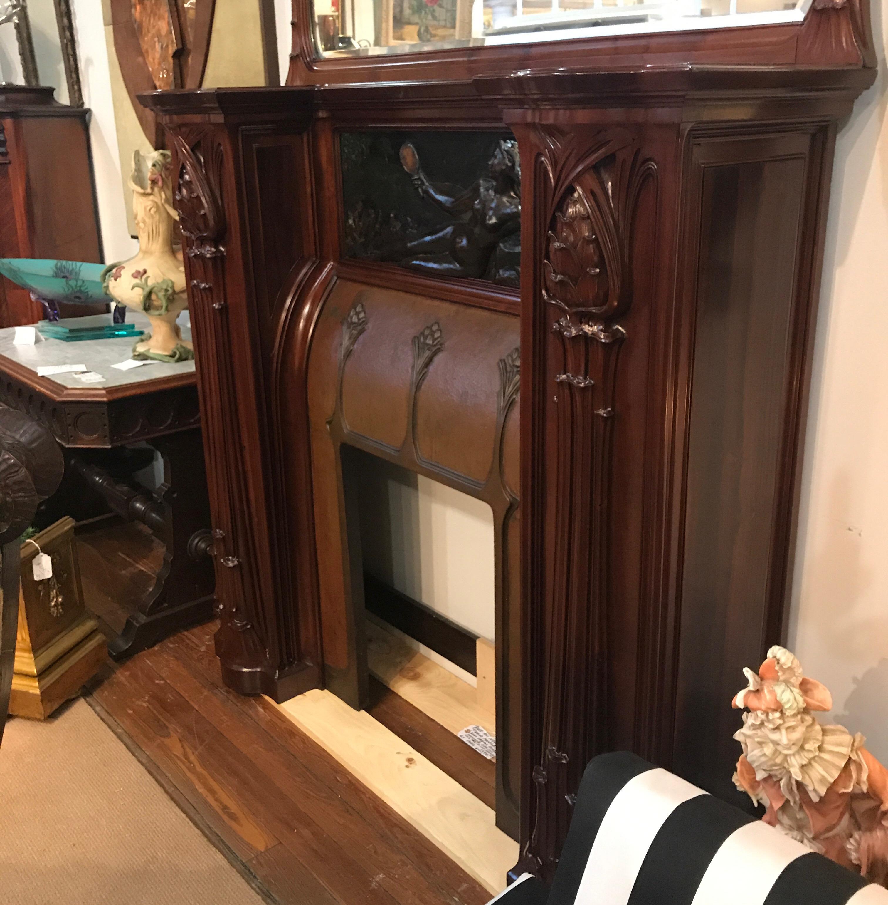 19th Century French Art Nouveau Fireplace Mantle with Mirror 9