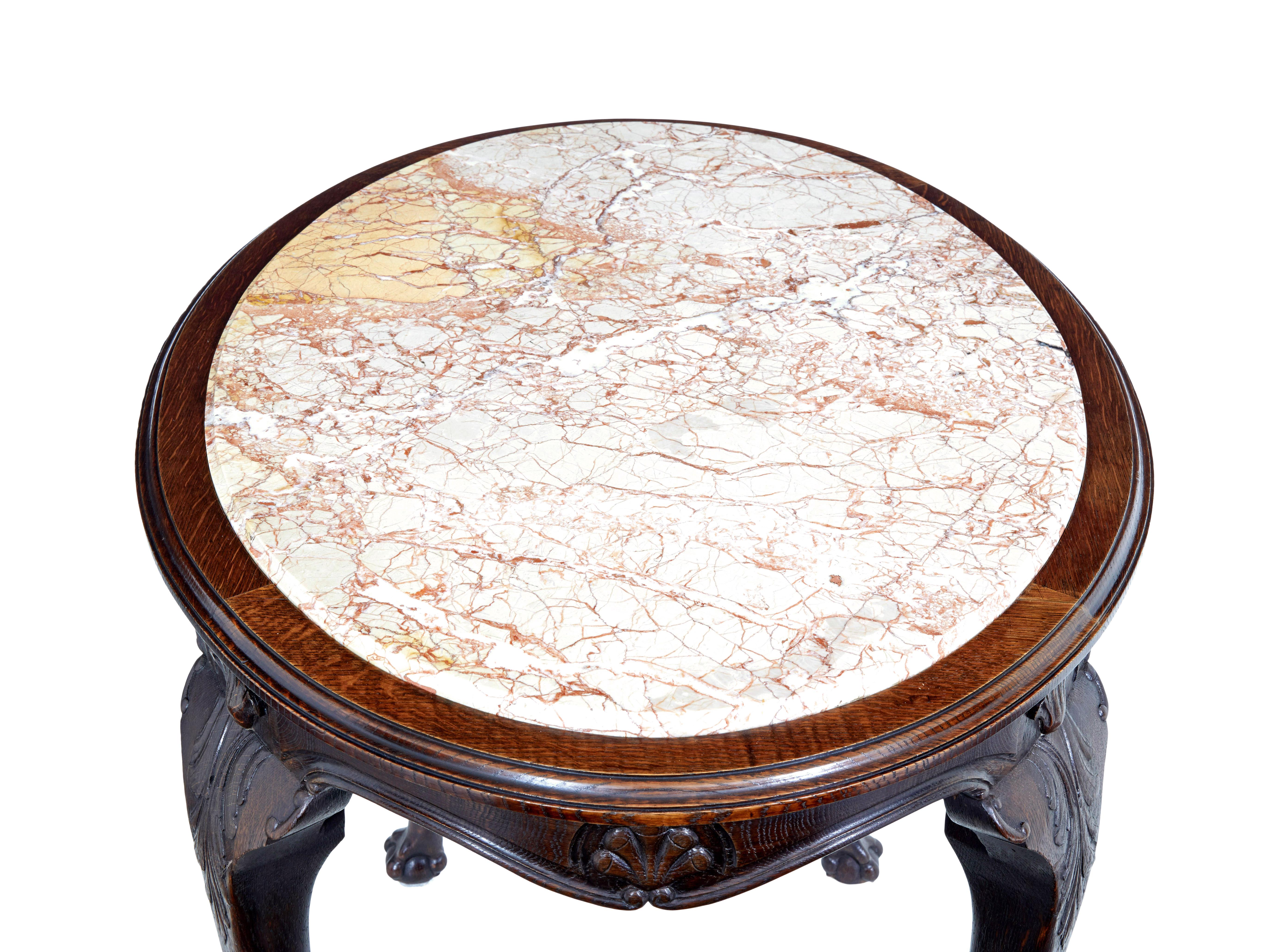 Hand-Carved 19th Century French Art Nouveau Oak Marble Top Table For Sale