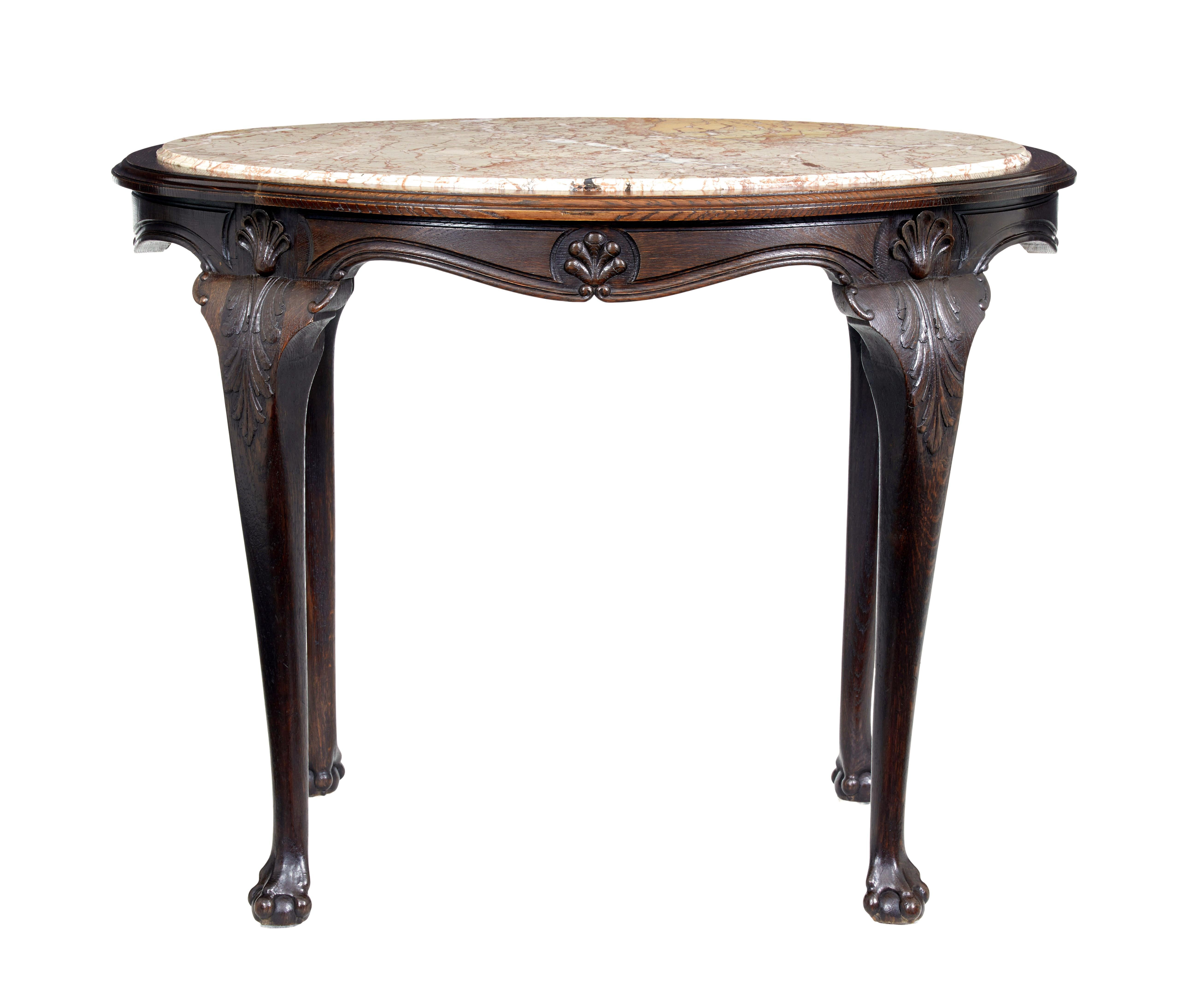 19th Century French Art Nouveau Oak Marble Top Table For Sale 2