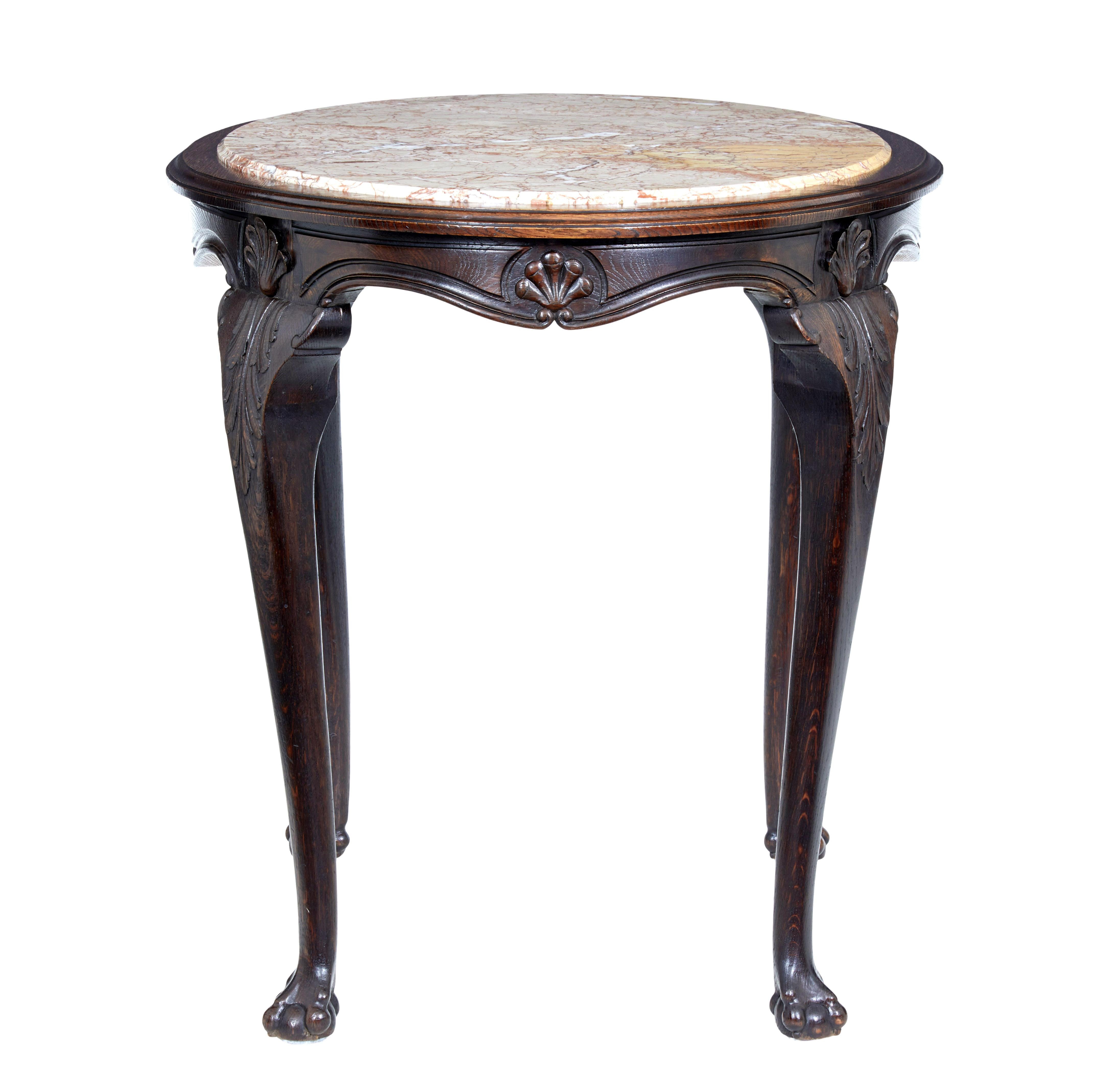 Marble 19th century French art nouveau oak marble top table For Sale