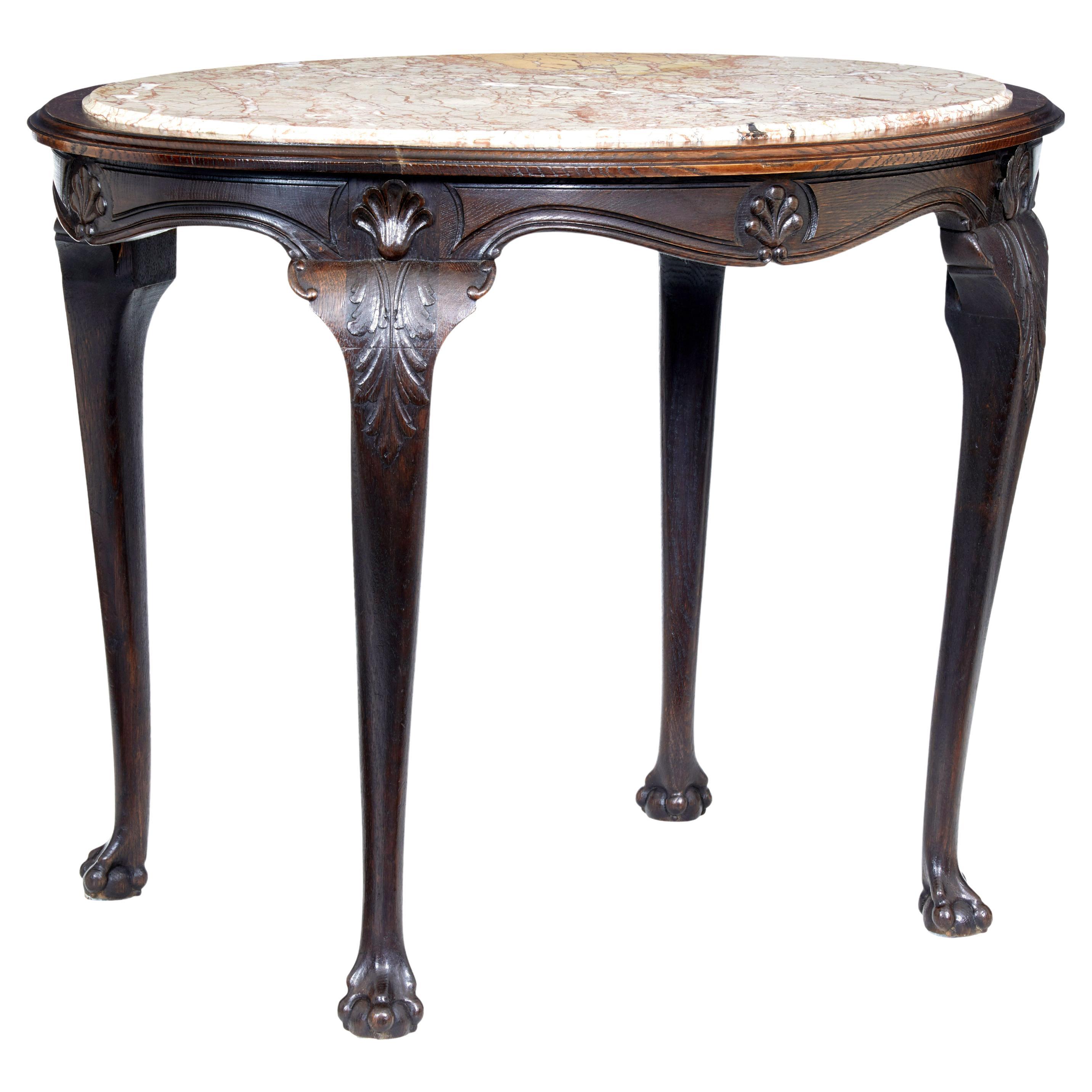 19th Century French Art Nouveau Oak Marble Top Table For Sale