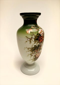 19th Century French Art Nouveau Opaline Glass Vase, Hand-painted Japanese Motif