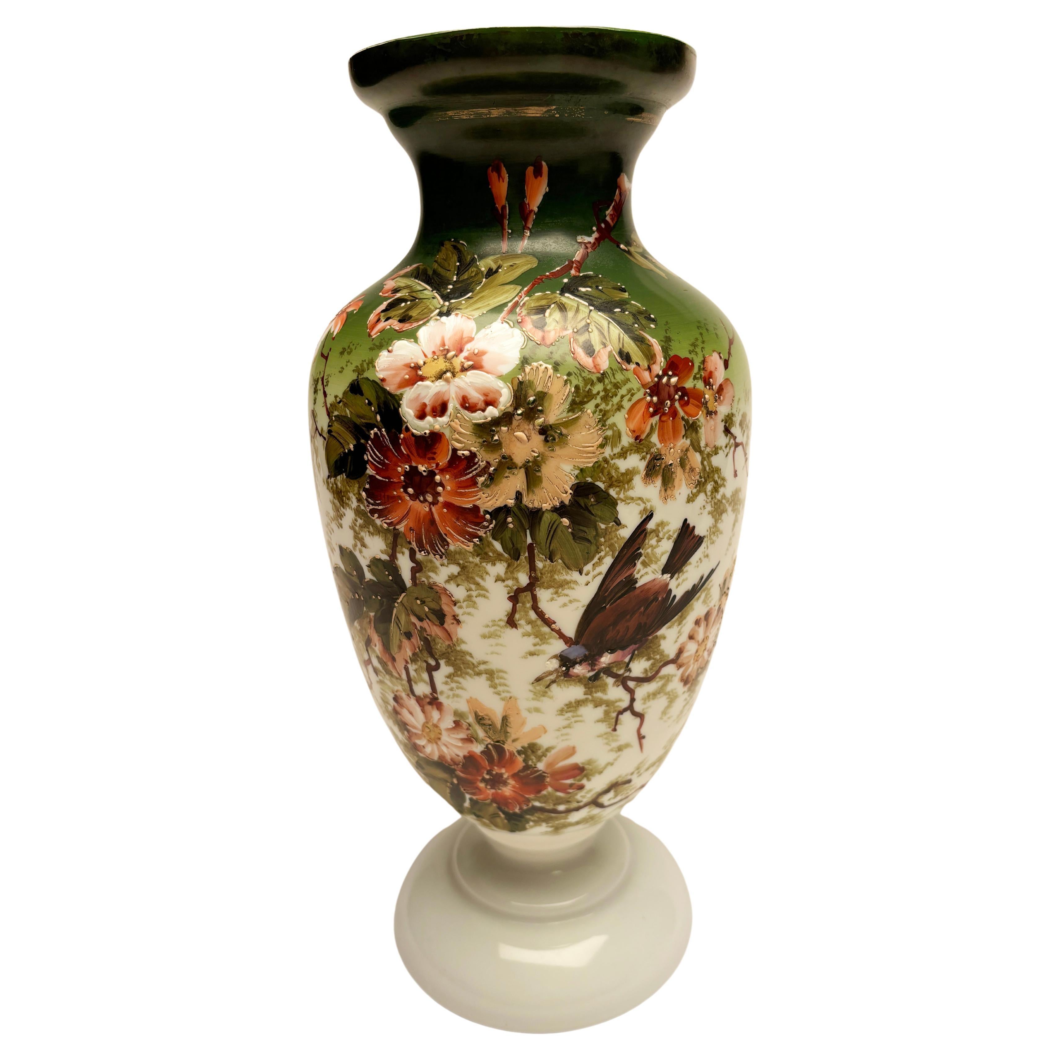19th Century French Art Nouveau Opaline Glass Vase, Hand-painted Japanese Motif
