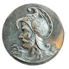 19th Century French Art Nouveau Silver High Relief Greek Warrior Medallion pin
