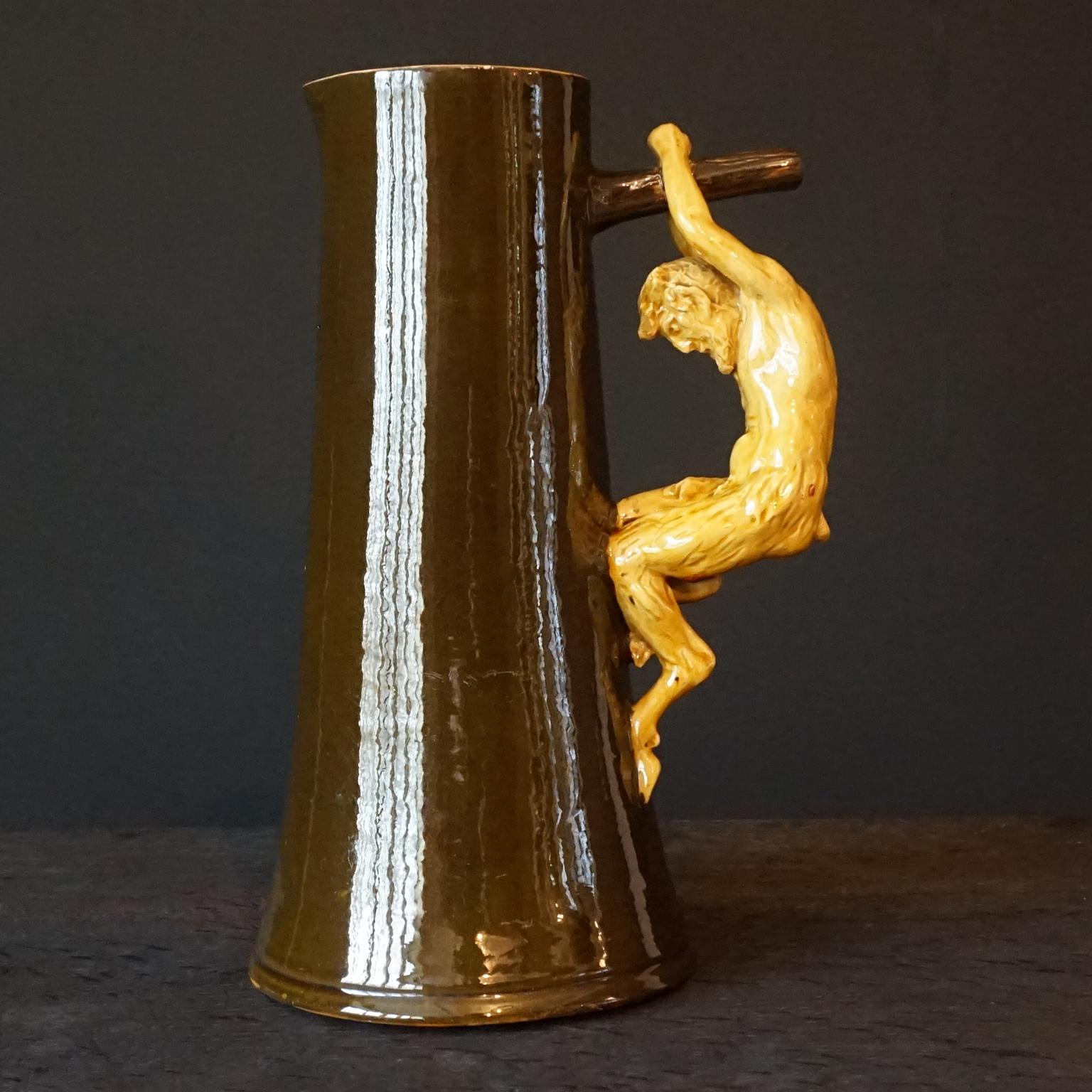 19th Century French Art Nouveau Stoneware Cider Pitcher with Satyr Handle In Good Condition For Sale In Haarlem, NL