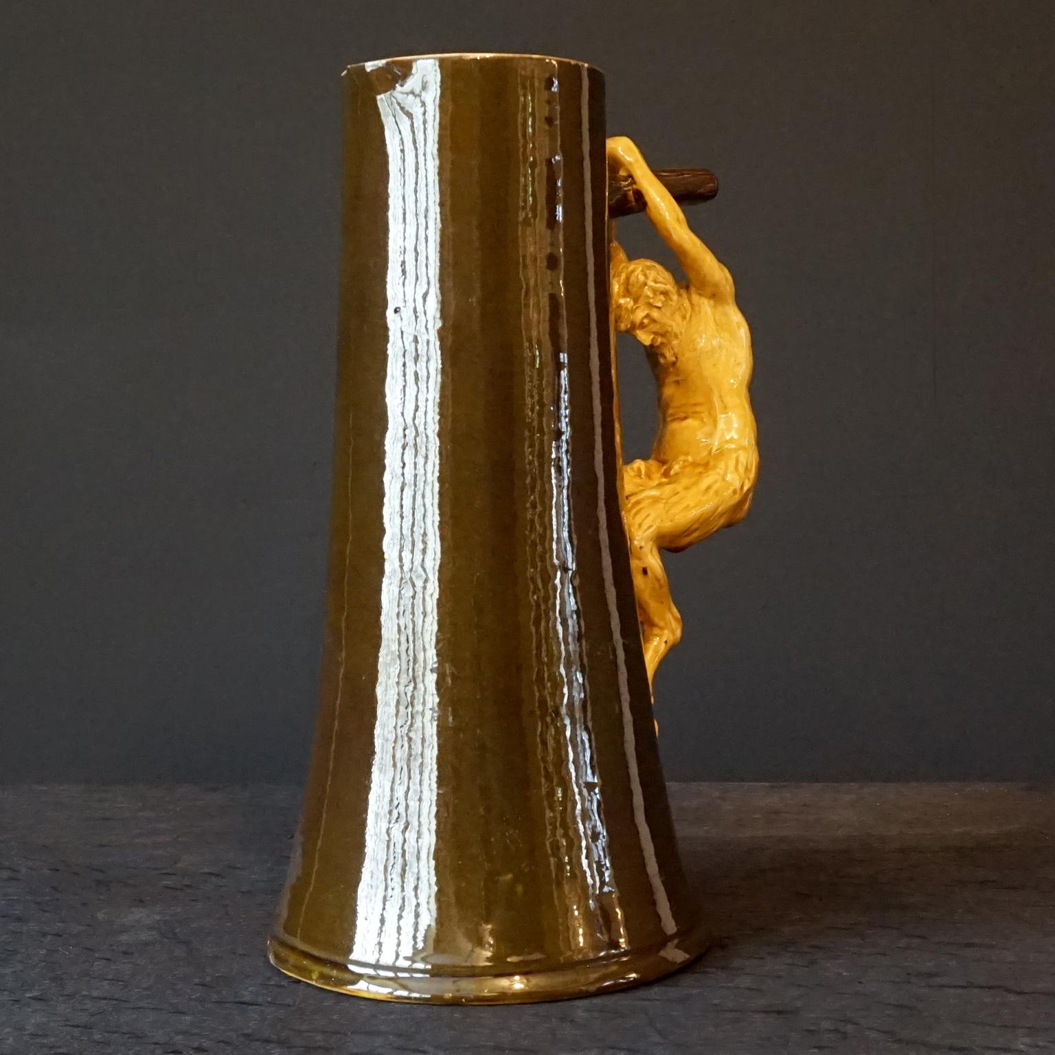 19th Century French Art Nouveau Stoneware Cider Pitcher with Satyr Handle For Sale 1