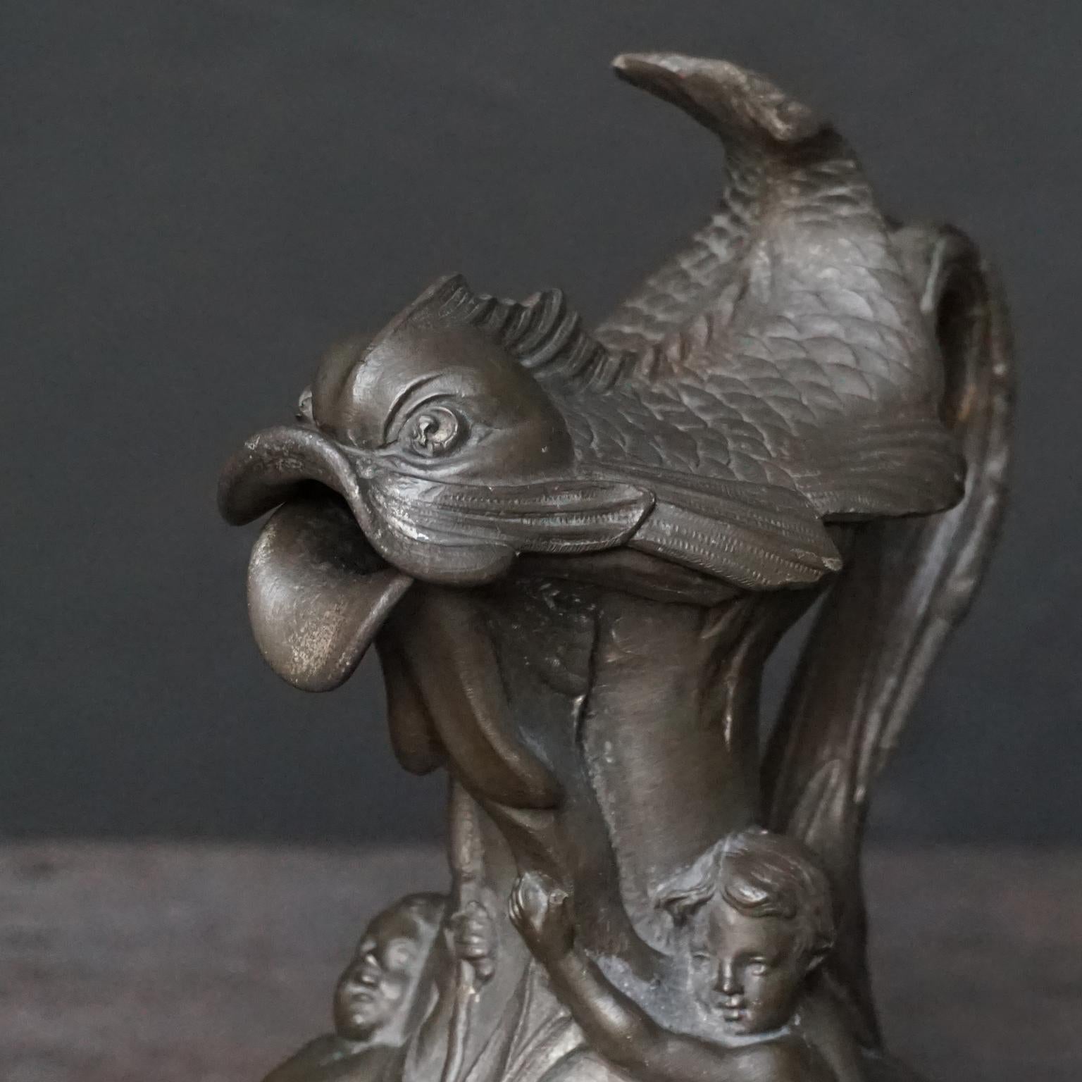 19th Century French Art Nouveau Pewter Pitcher Boys or Putti and Fish by H.Huppe 6