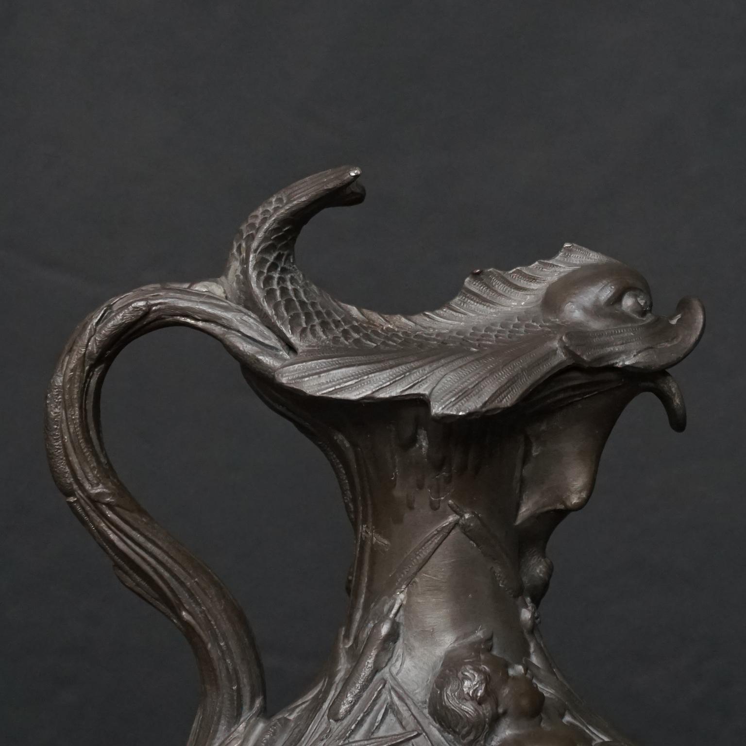 19th Century French Art Nouveau Pewter Pitcher Boys or Putti and Fish by H.Huppe 7