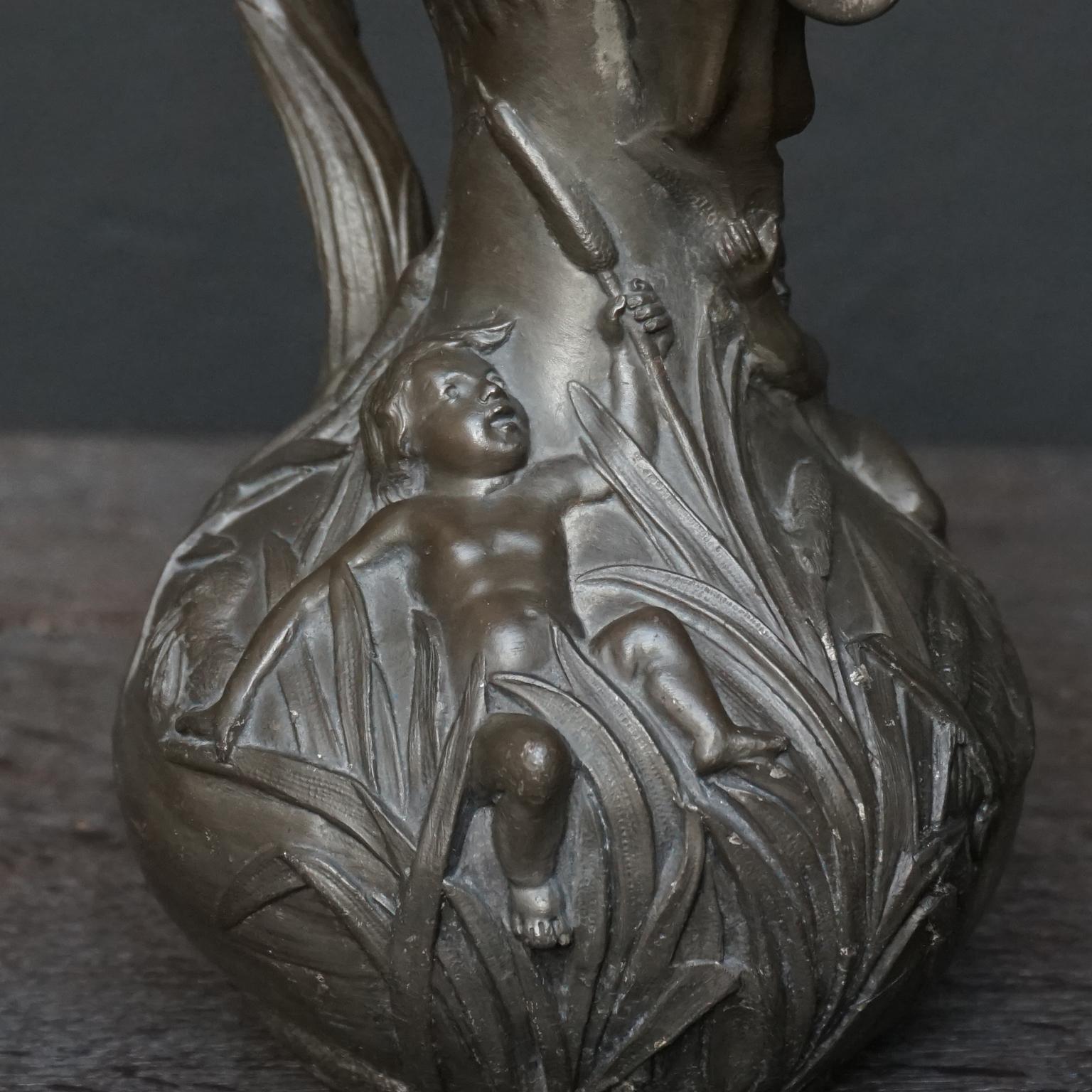 19th Century French Art Nouveau Pewter Pitcher Boys or Putti and Fish by H.Huppe 11