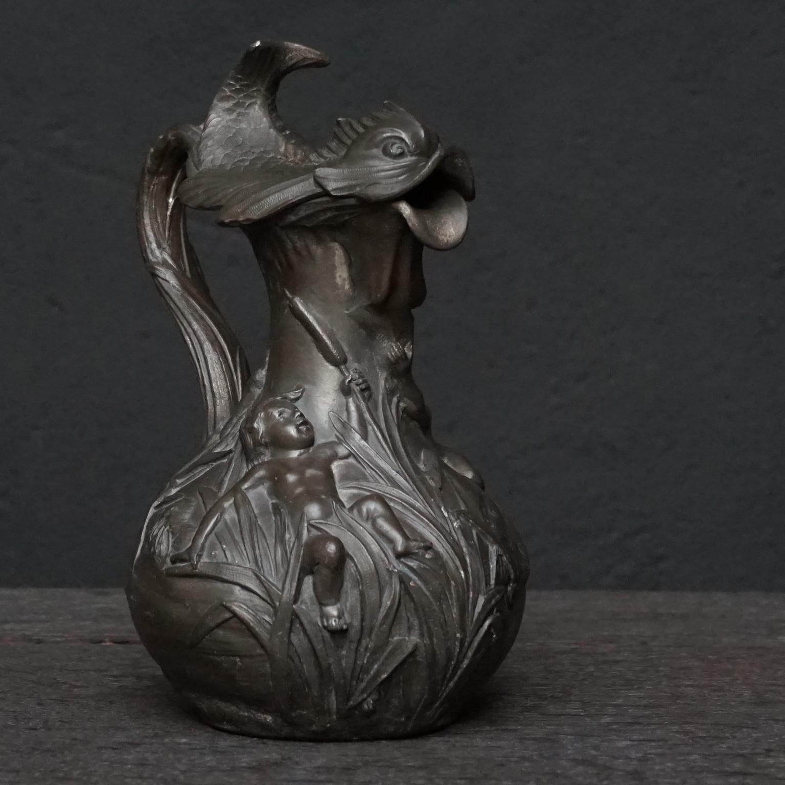 Cast 19th Century French Art Nouveau Pewter Pitcher Boys or Putti and Fish by H.Huppe