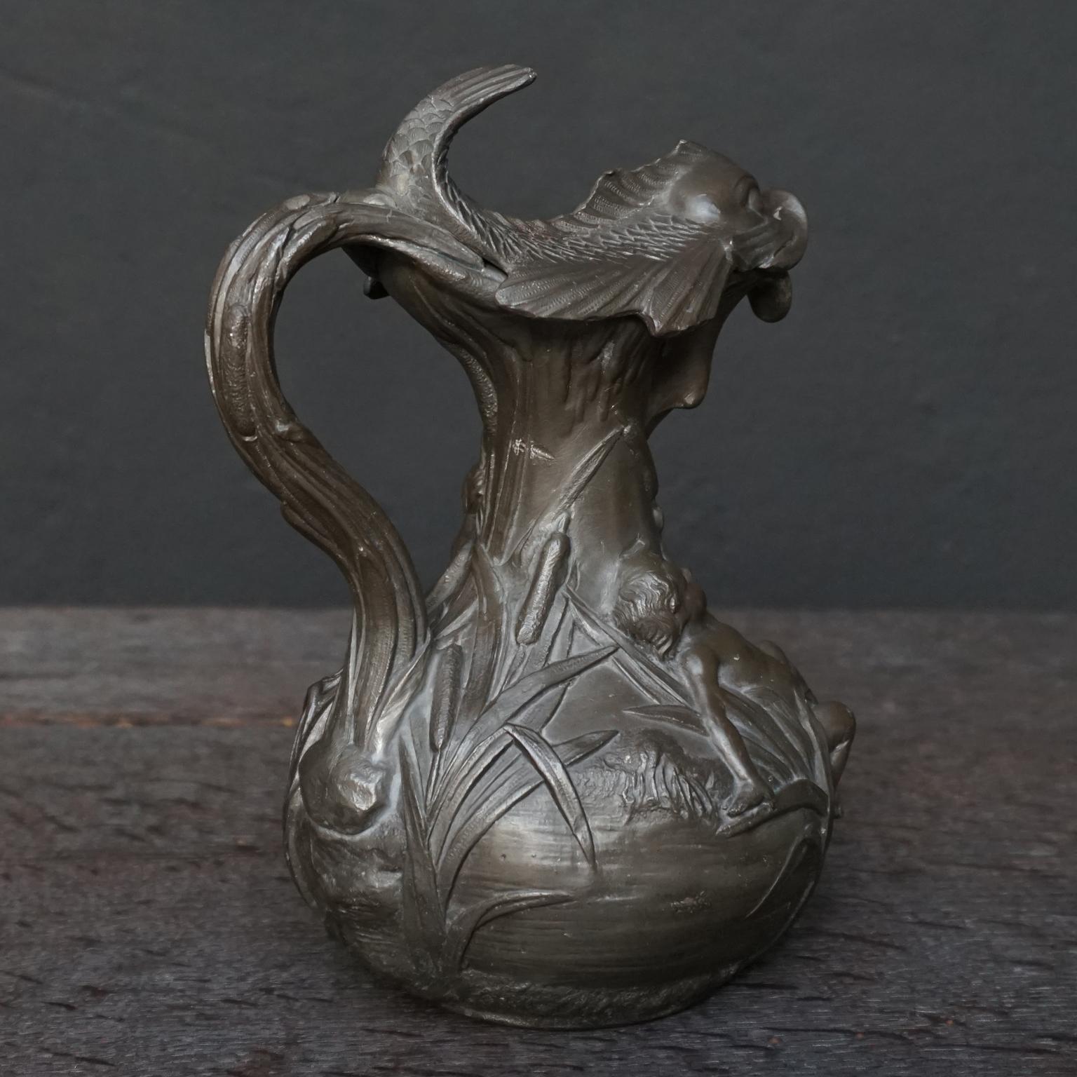 19th Century French Art Nouveau Pewter Pitcher Boys or Putti and Fish by H.Huppe 5