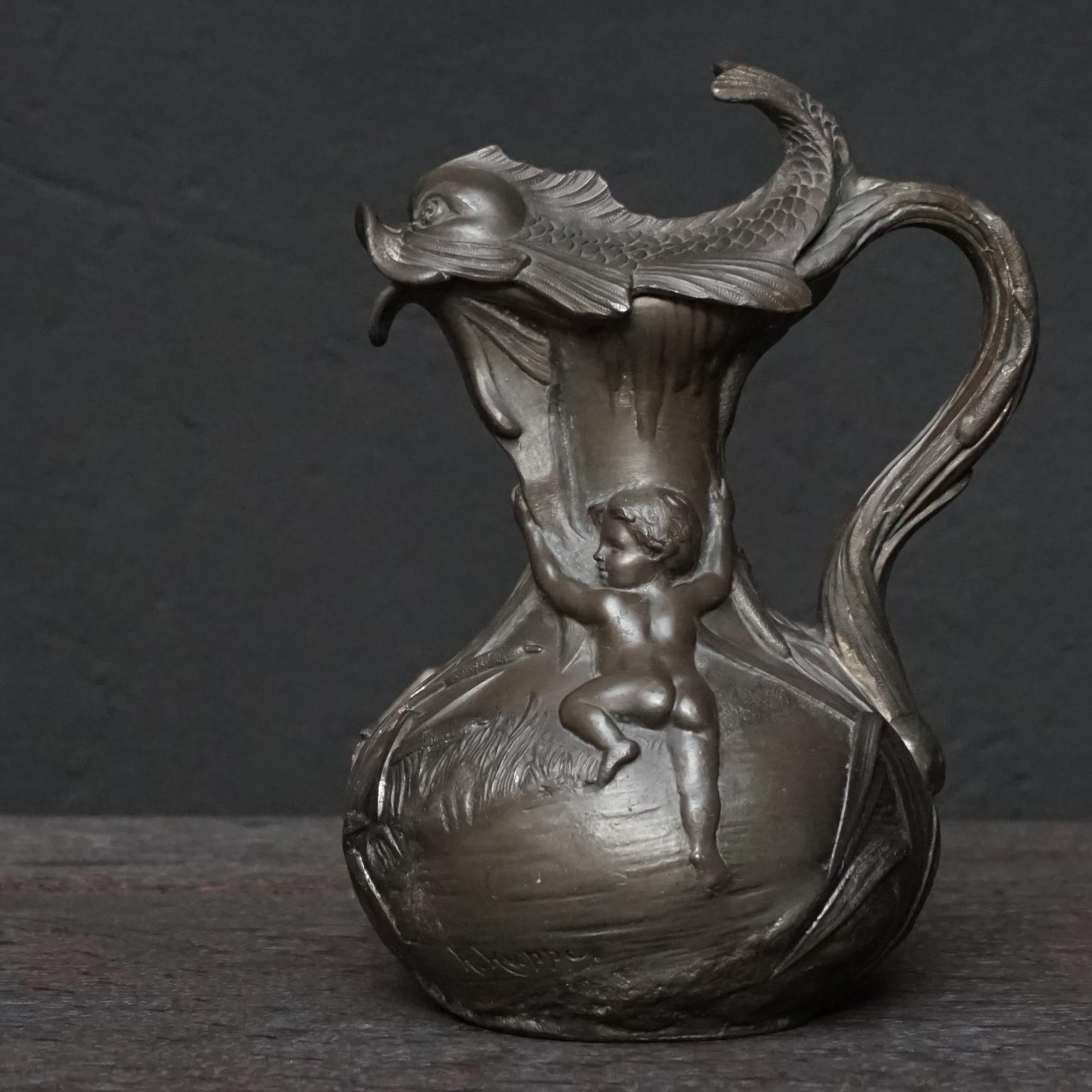 19th Century French Art Nouveau Pewter Pitcher Boys or Putti and Fish by H.Huppe 2