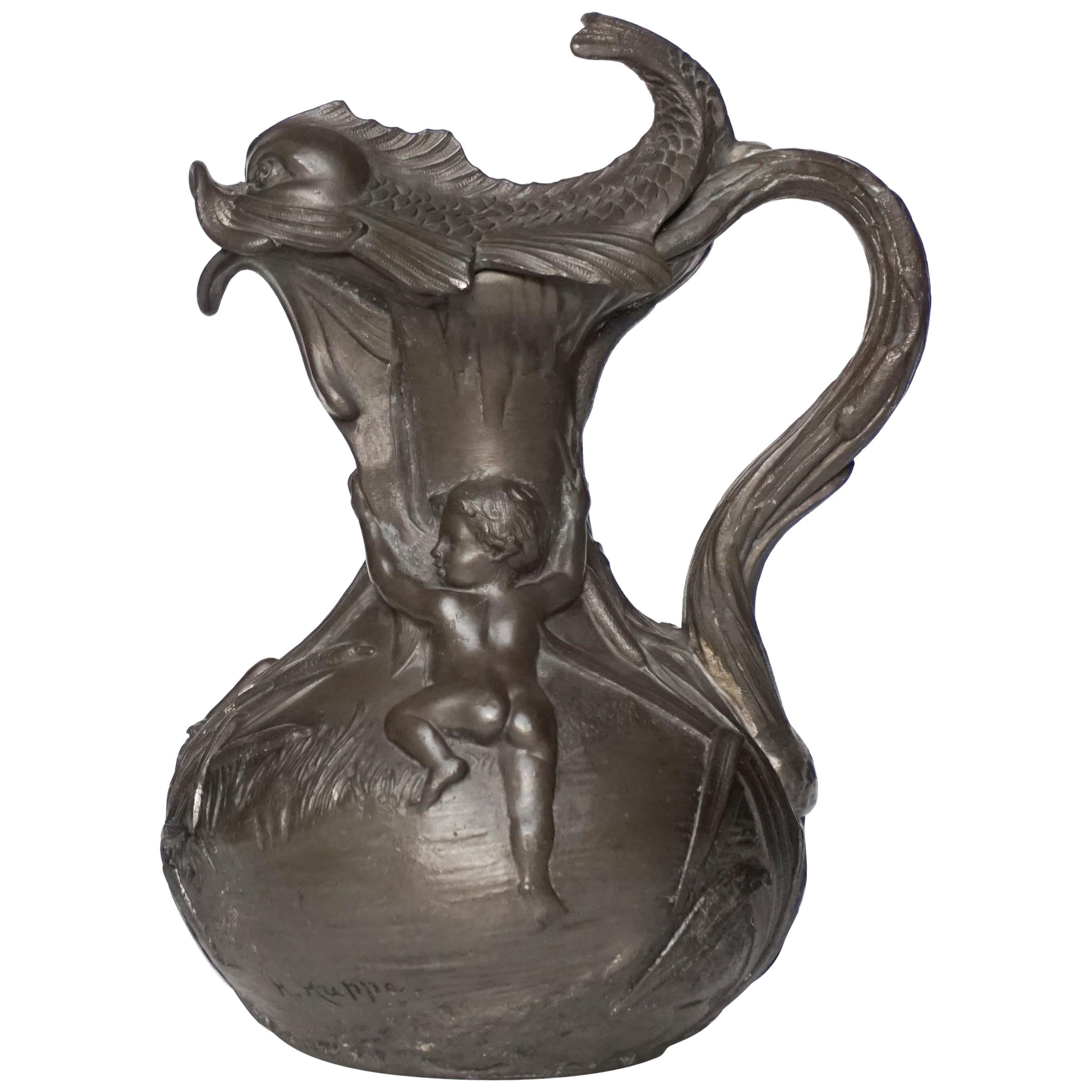 19th Century French Art Nouveau Pewter Pitcher Boys or Putti and Fish by H.Huppe