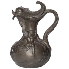 19th Century French Art Nouveau Pewter Pitcher Boys or Putti and Fish by H.Huppe