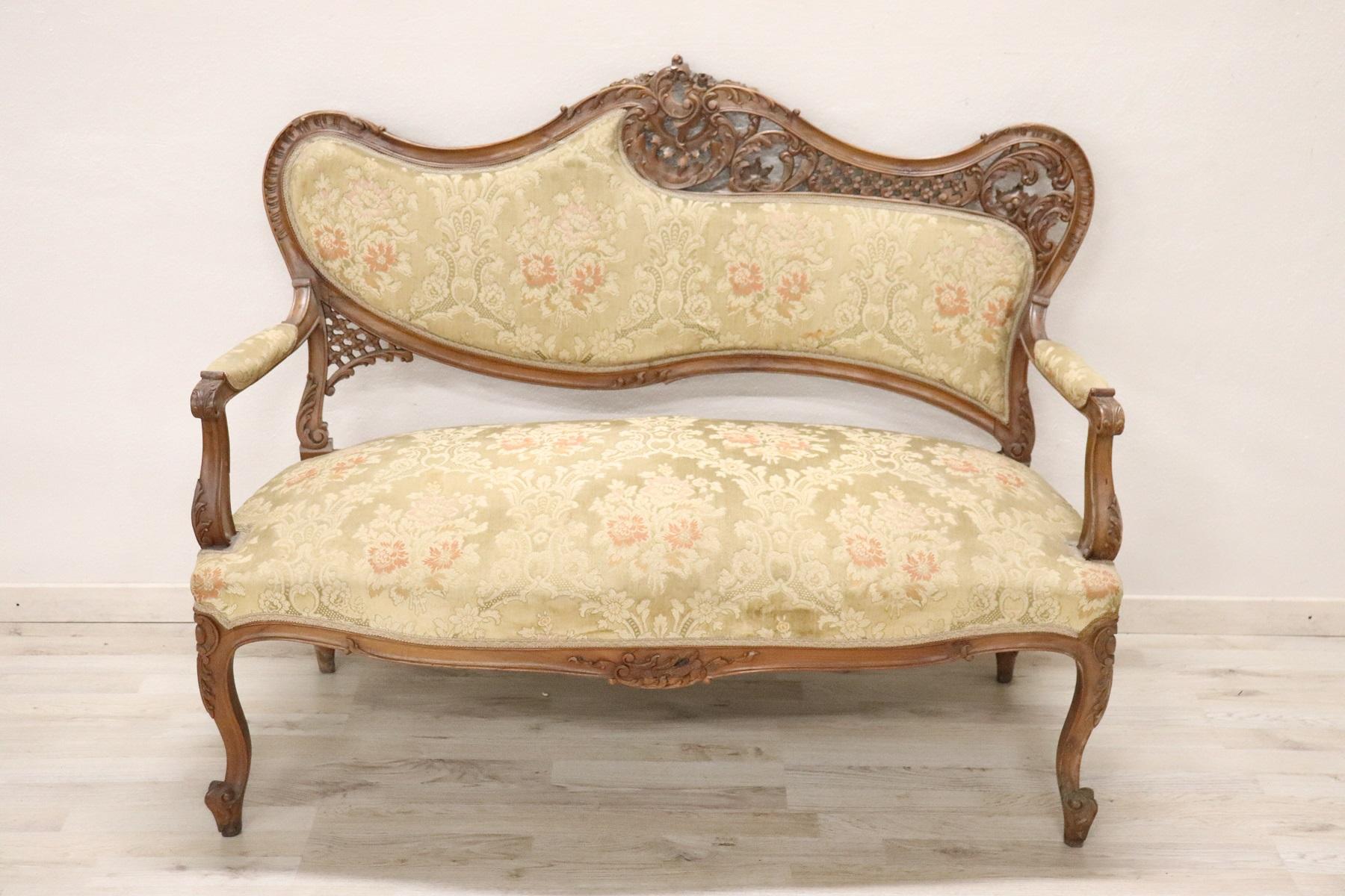 Rare complete French Art Nouveau period end of the 19th century.
This living room includes:
1 sofa
4 chairs
2 armchairs
1 rare corner armchair
Made of solid walnut with amazing and particular wood carving work. This work is certainly the work