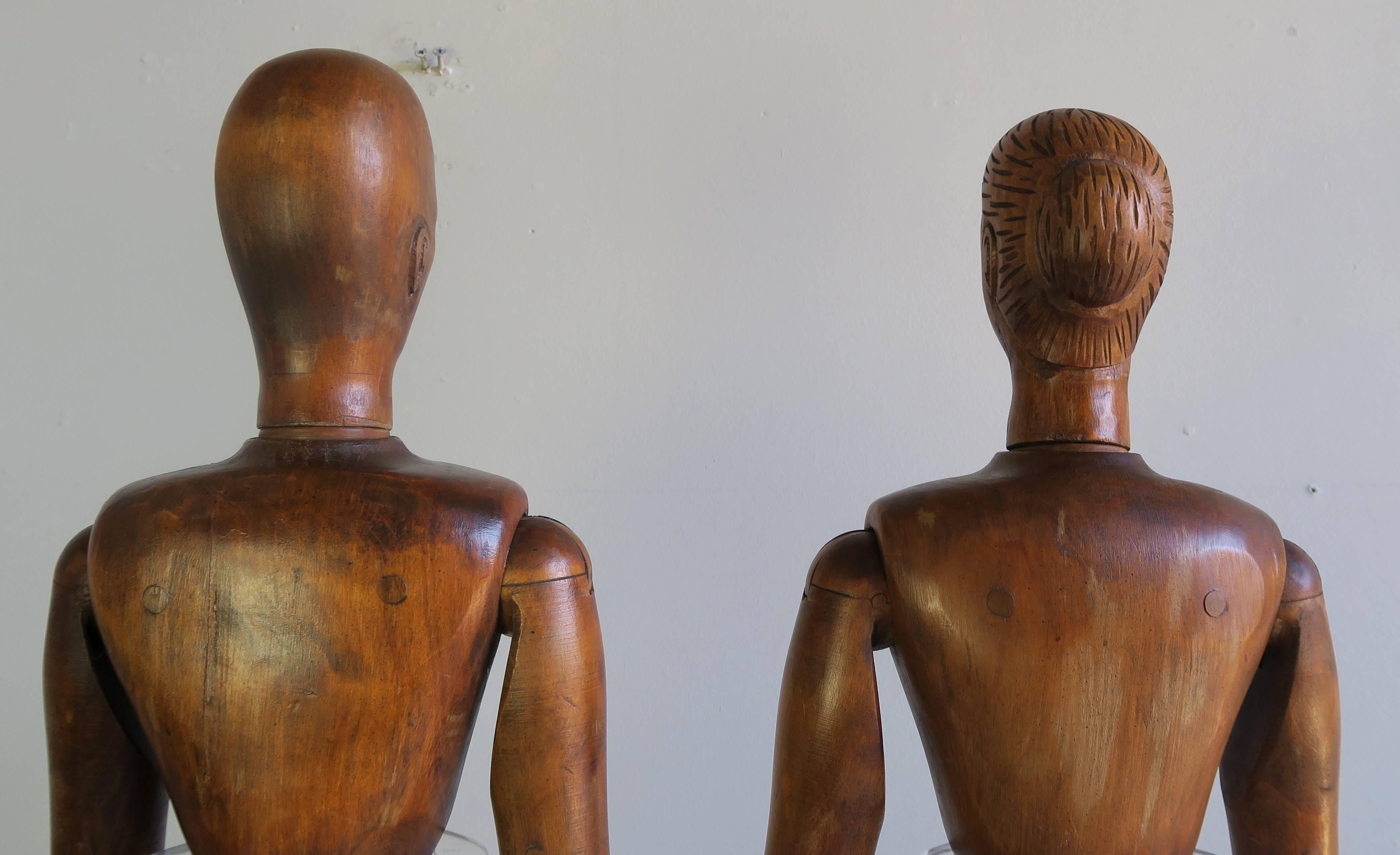 19th Century French Articulated Artist's Mannequin Wooden Dolls, Male & Female 2