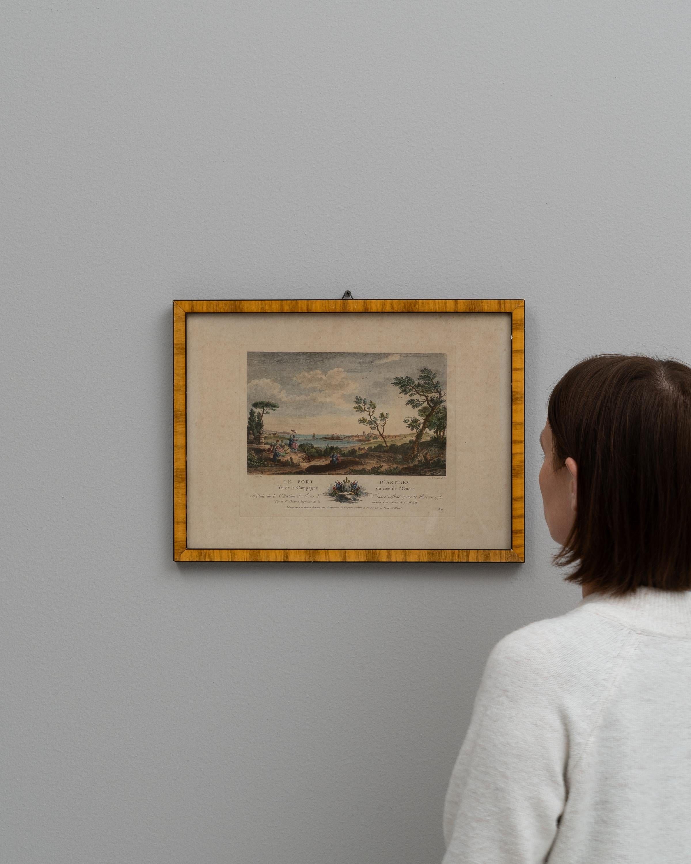 Discover the charm of classical art with this 19th Century French artwork, beautifully encapsulated within a finely crafted wooden frame. This delicate piece captures a serene pastoral scene, portraying figures amidst a lush landscape under a softly