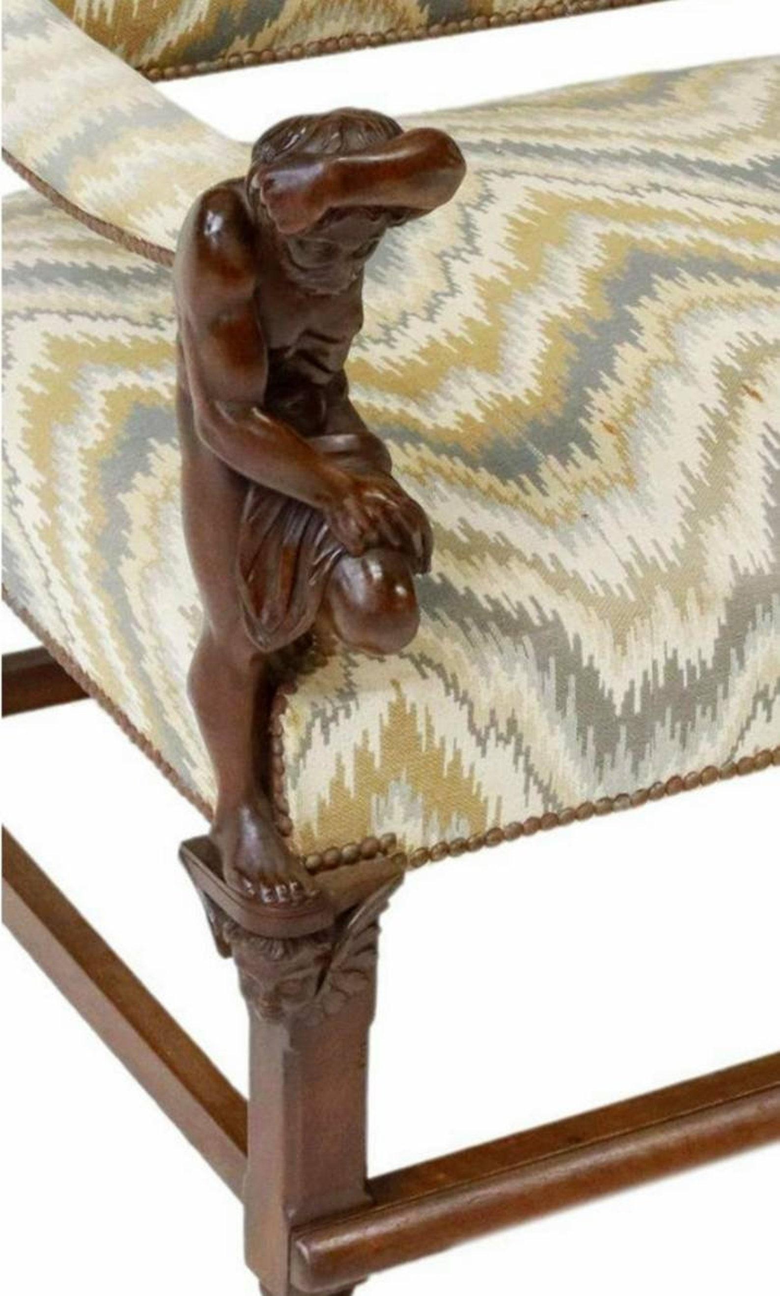 Renaissance Revival 19th Century French Atlas Figural Carved Walnut Upholstered Settee