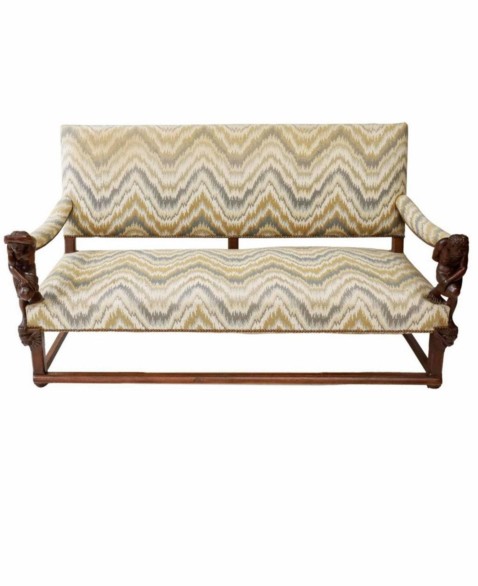 19th Century French Atlas Figural Carved Walnut Upholstered Settee For Sale 2