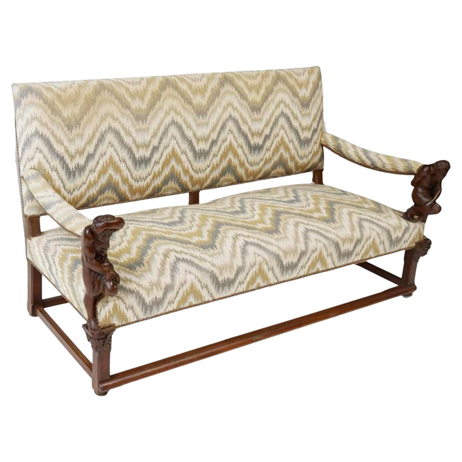 19th Century French Atlas Figural Carved Walnut Upholstered Settee For Sale