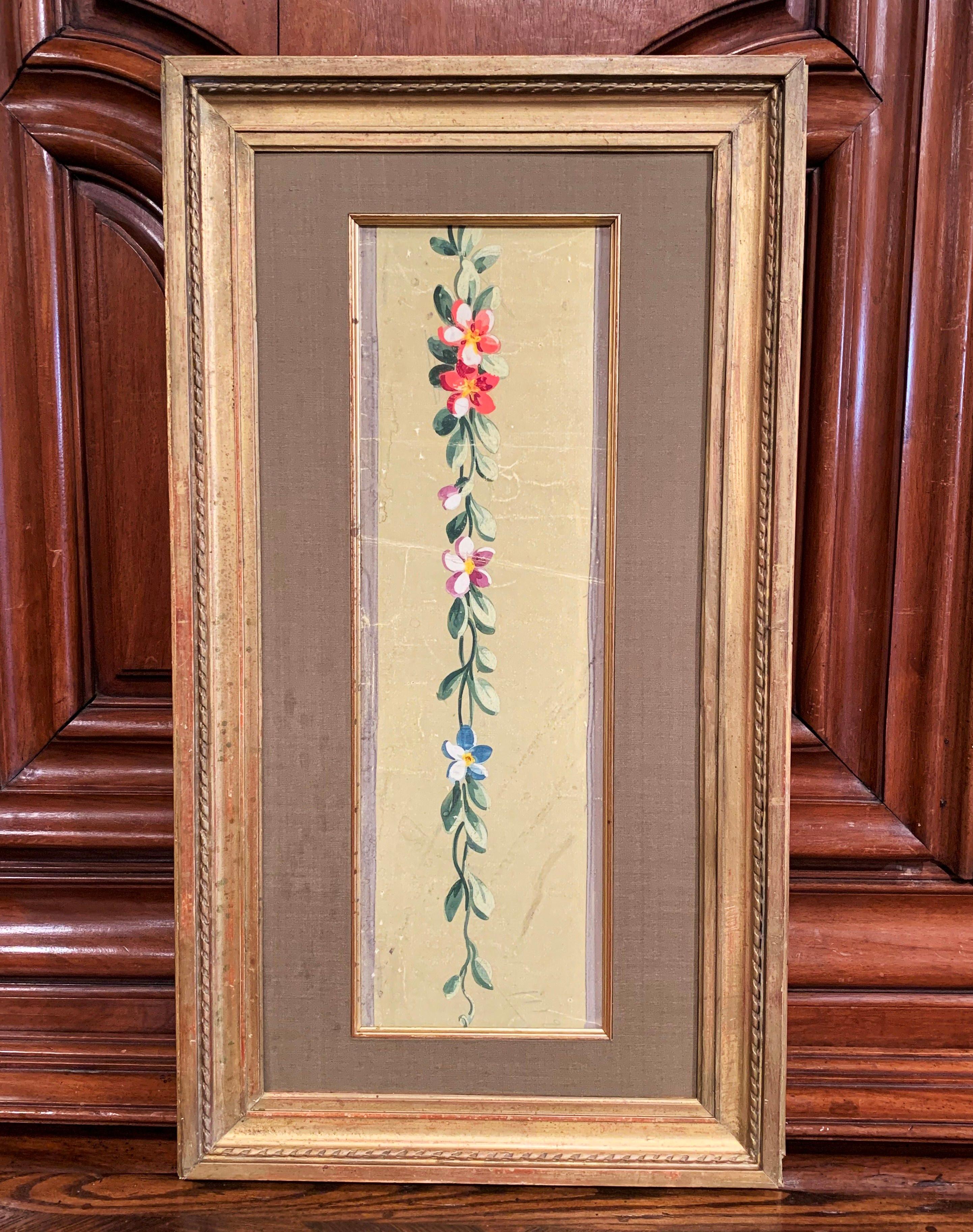 19th Century French Aubusson Floral Tapestry Gouache on Paper in Gilt Frame In Excellent Condition For Sale In Dallas, TX