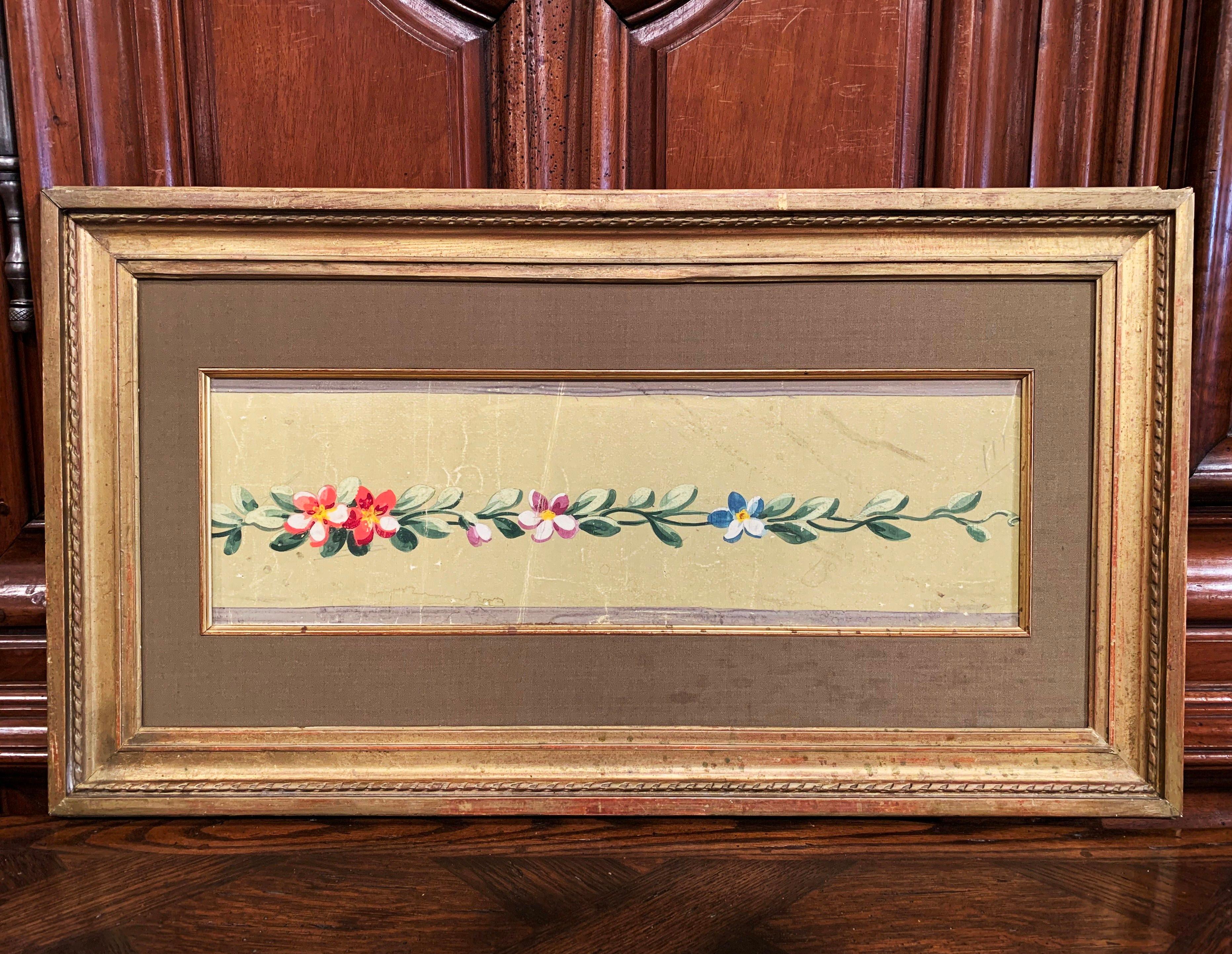 Giltwood 19th Century French Aubusson Floral Tapestry Gouache on Paper in Gilt Frame For Sale