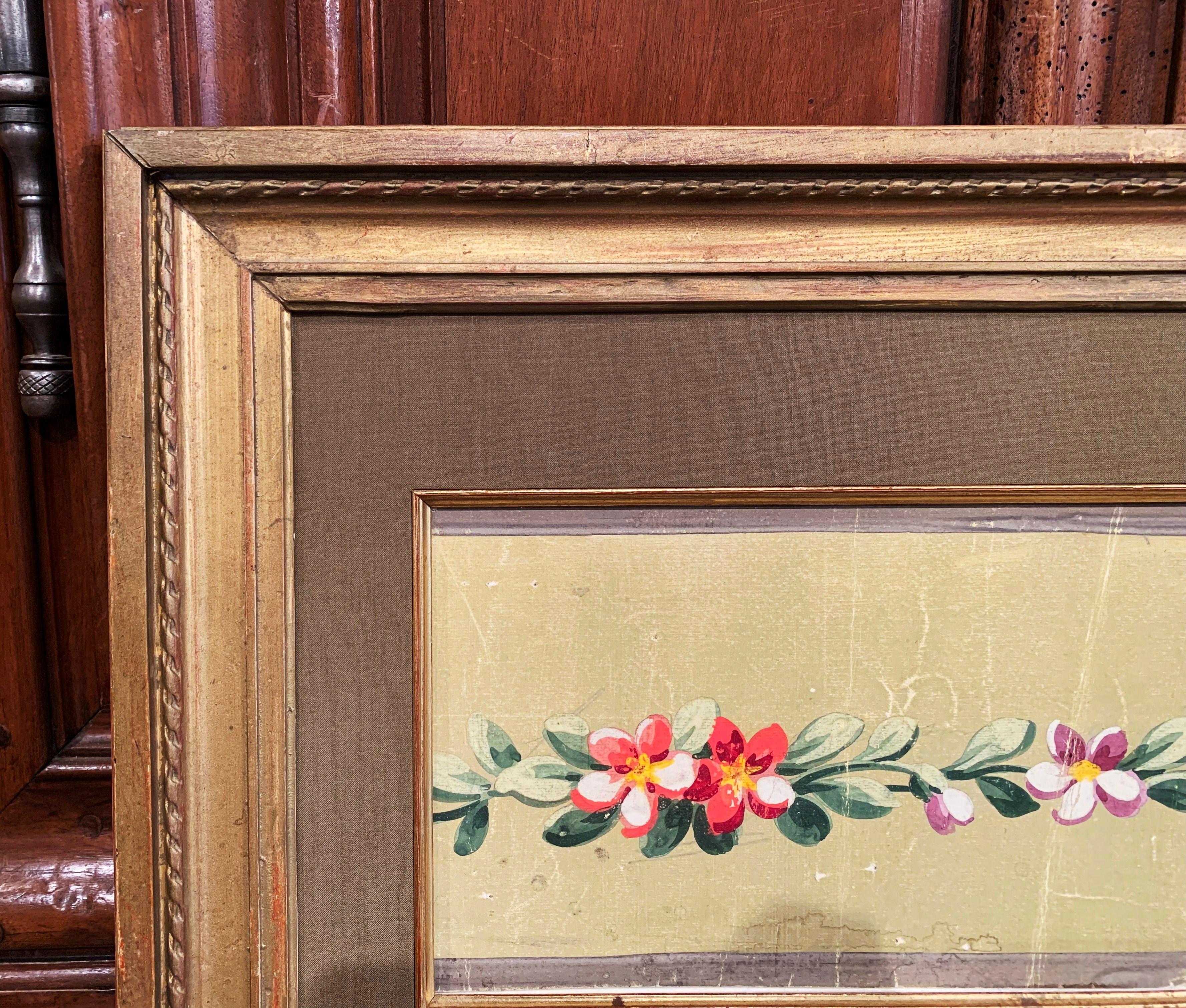 Tapisserie florale d'Aubusson du 19ème siècle à la gouache sur papier dans un cadre doré Excellent état - En vente à Dallas, TX
