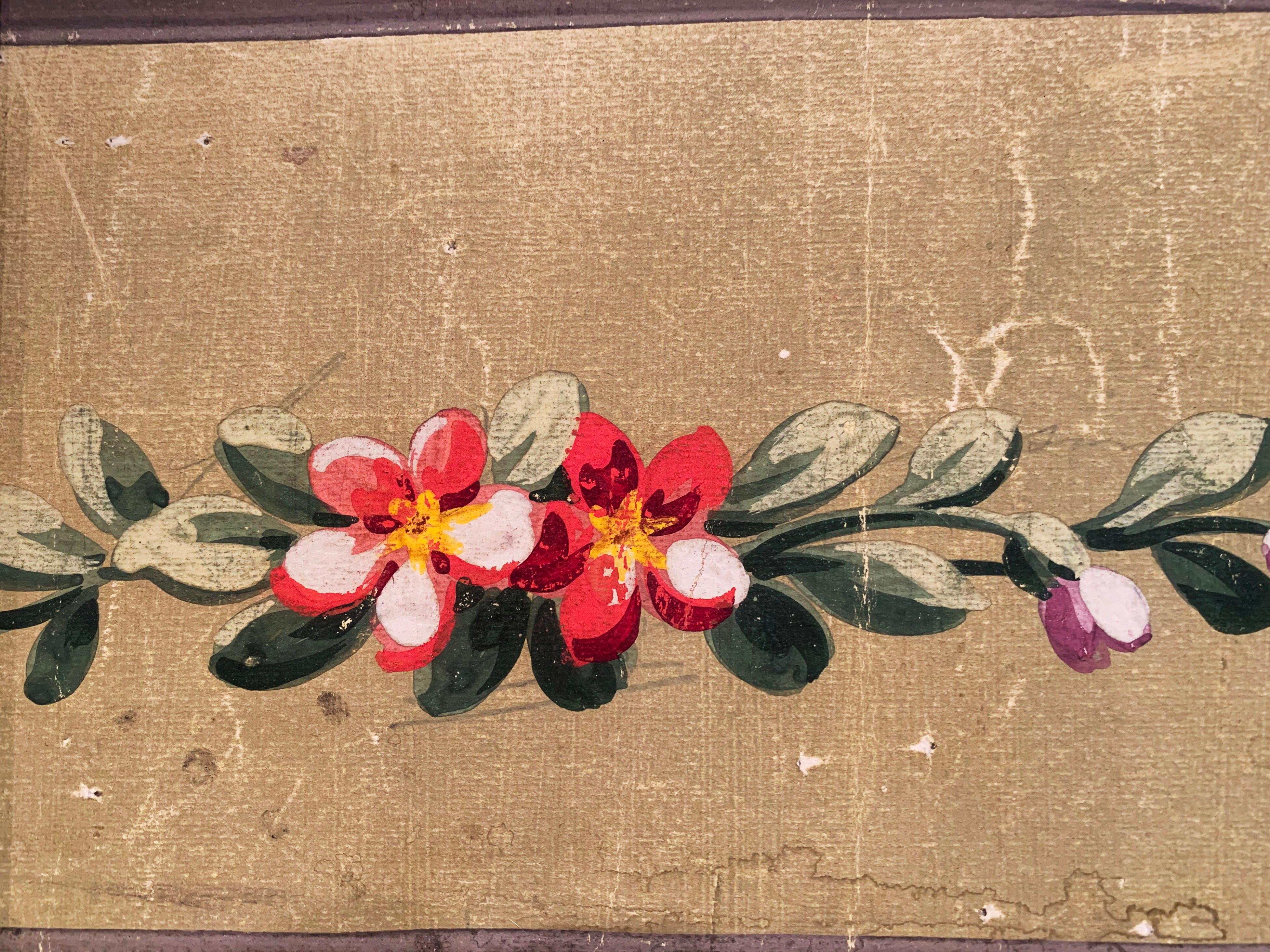 XIXe siècle Tapisserie florale d'Aubusson du 19ème siècle à la gouache sur papier dans un cadre doré en vente