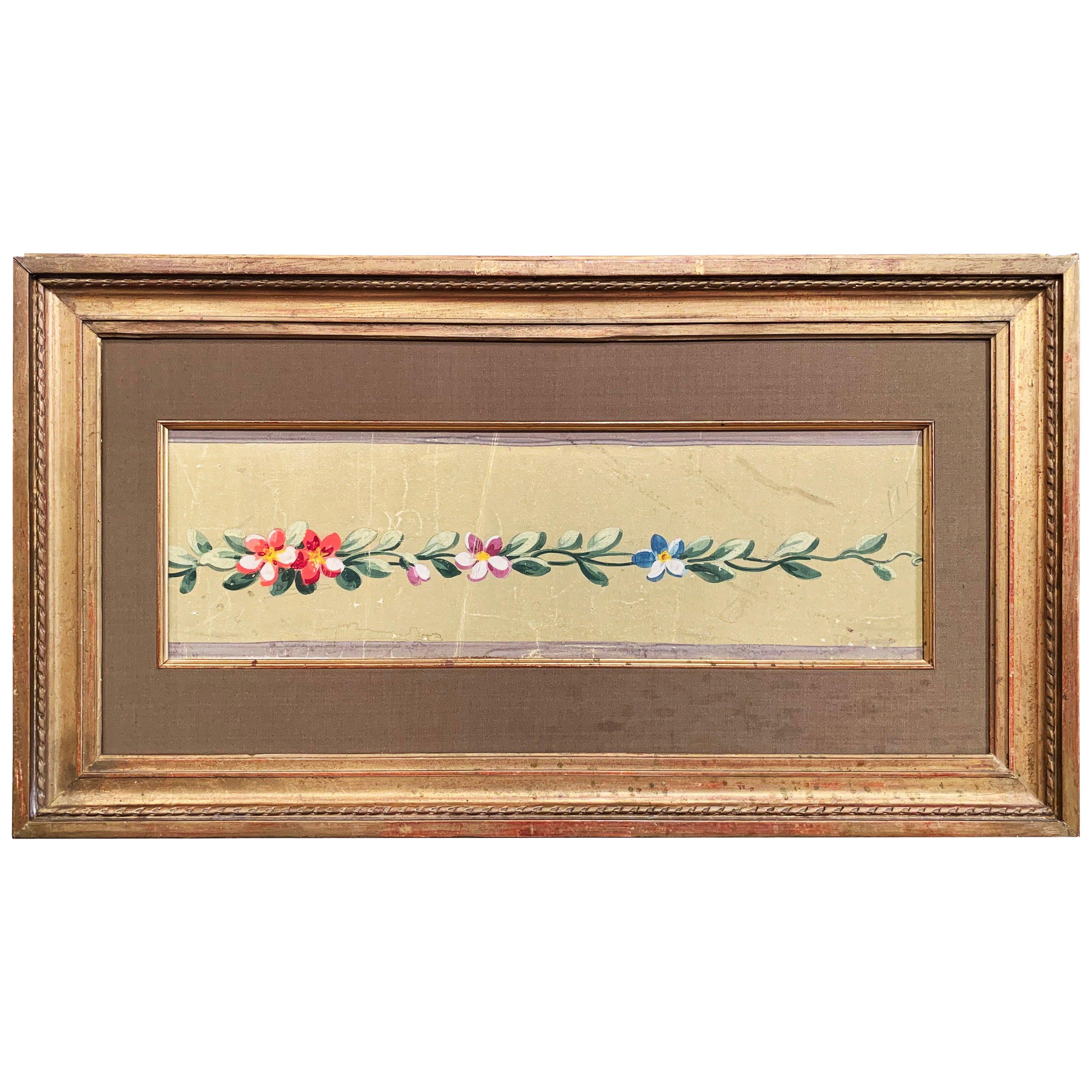 19th Century French Aubusson Floral Tapestry Gouache on Paper in Gilt Frame