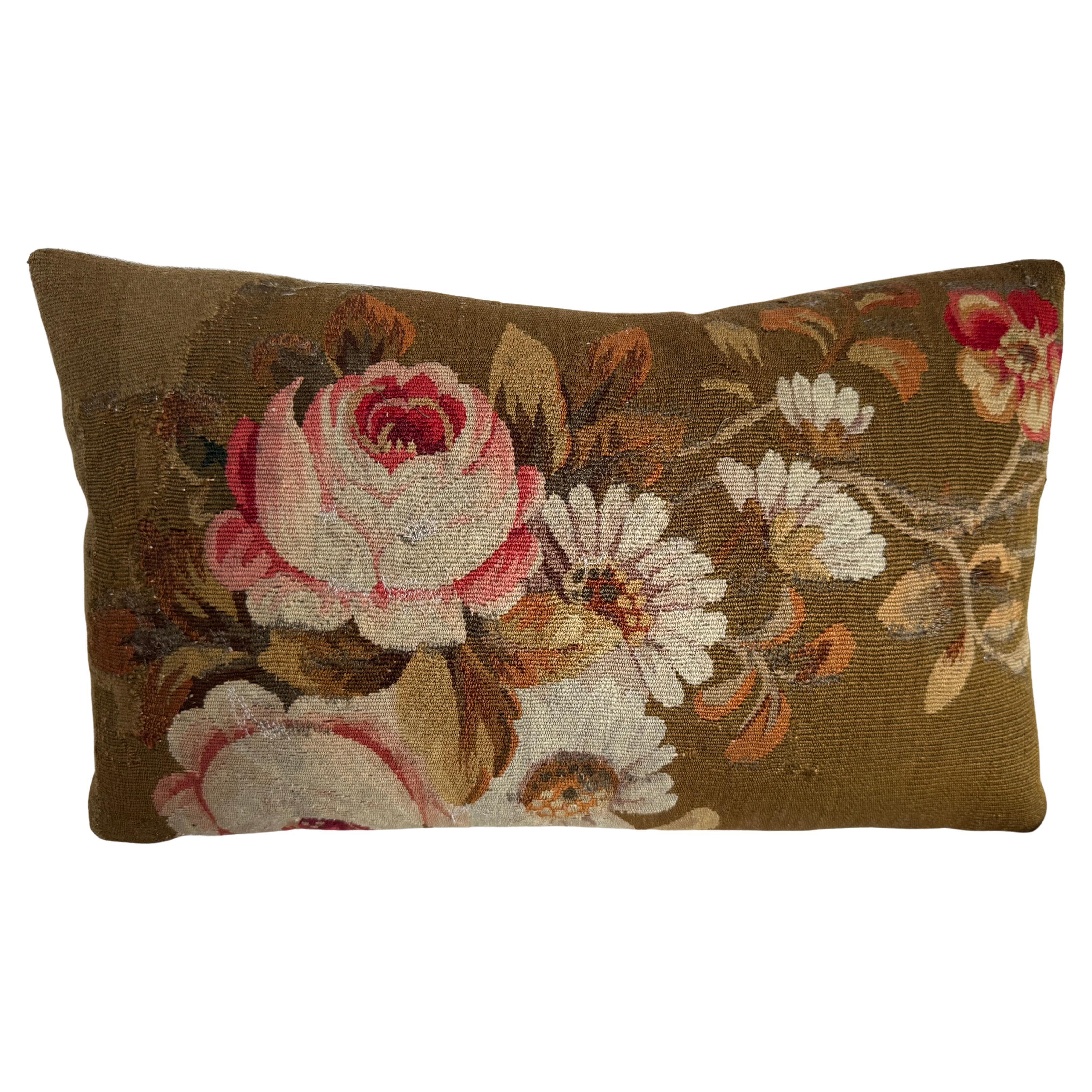 19th Century French Aubusson Floral Tapestry Pillow