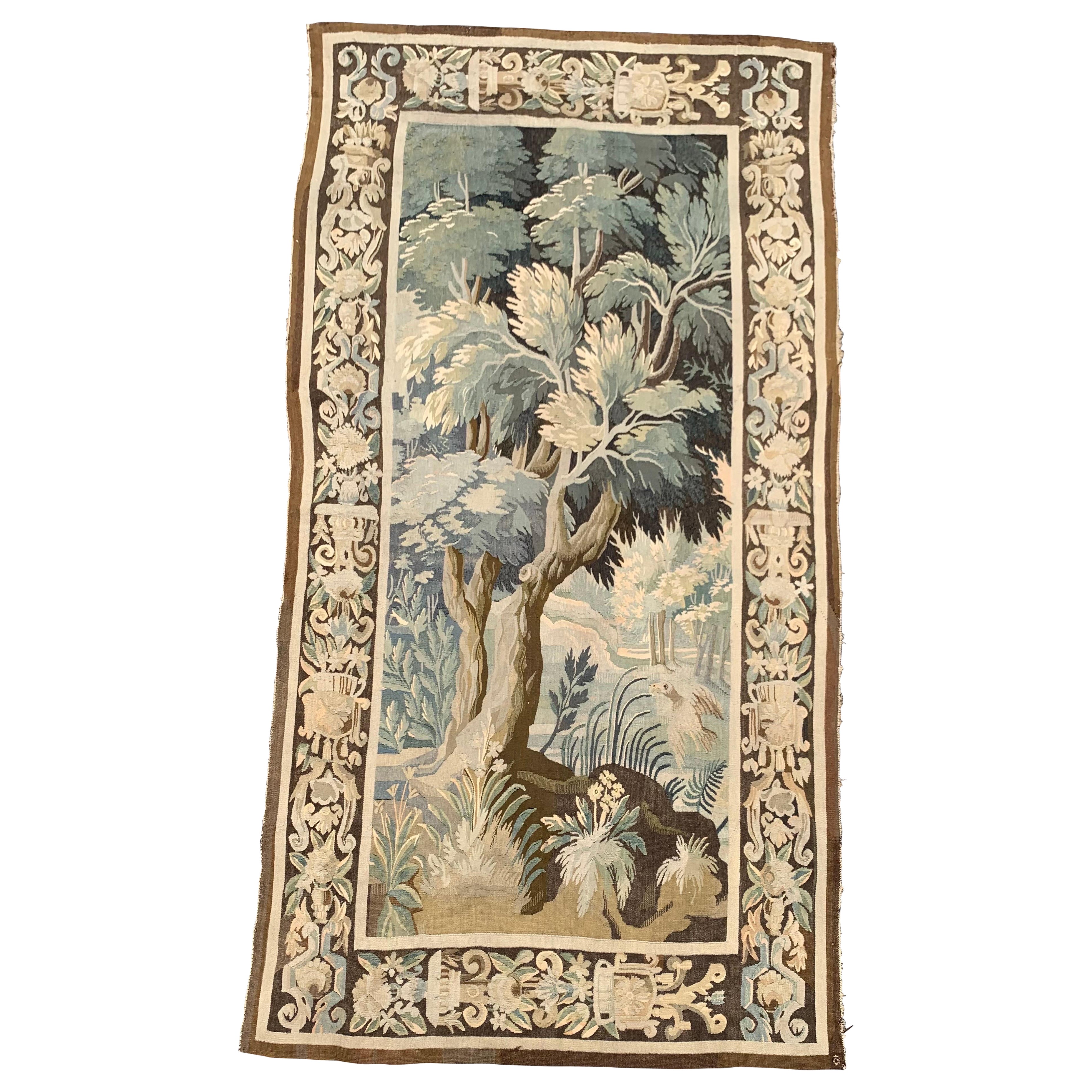 19th Century French Aubusson Green Verdure Tapestry with Bird and Foliage