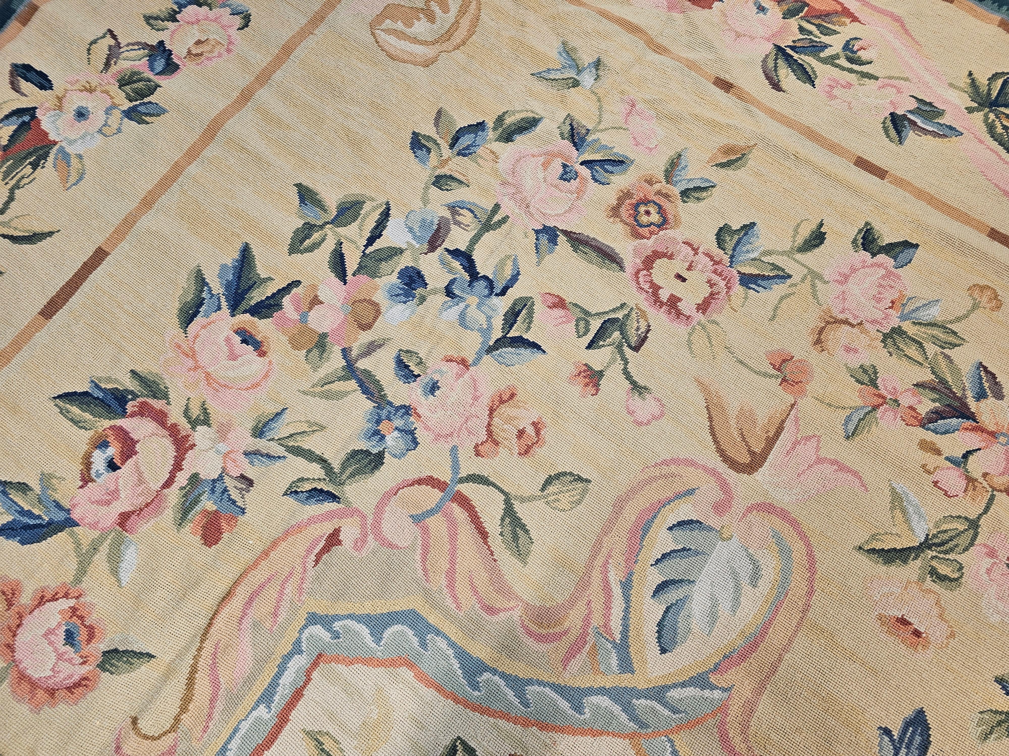 19th Century French Aubusson Needlepoint Carpet in Floral Pattern in Ivory, Blue For Sale 5