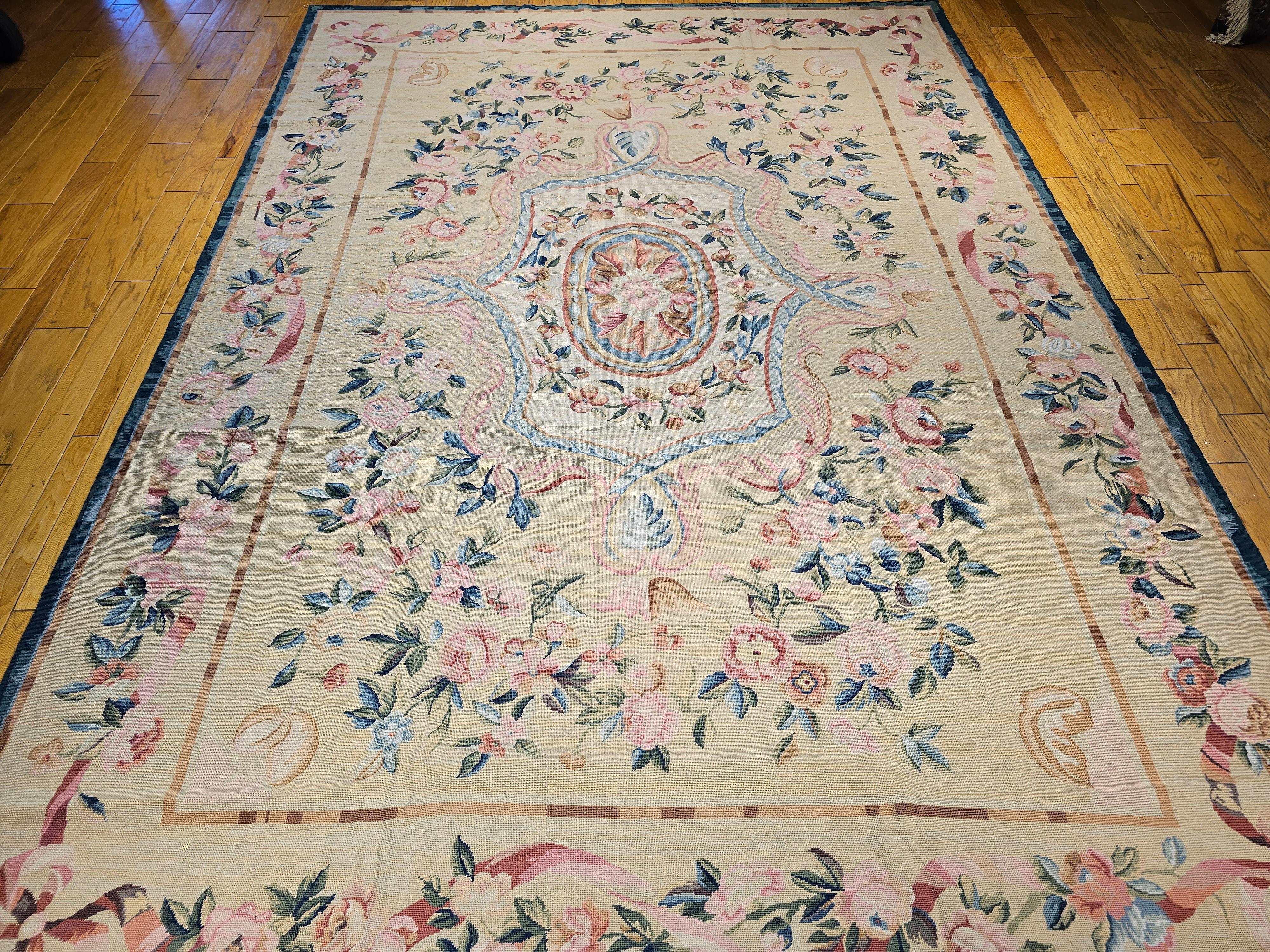 19th Century French Aubusson Needlepoint Carpet in Floral Pattern in Ivory, Blue For Sale 6