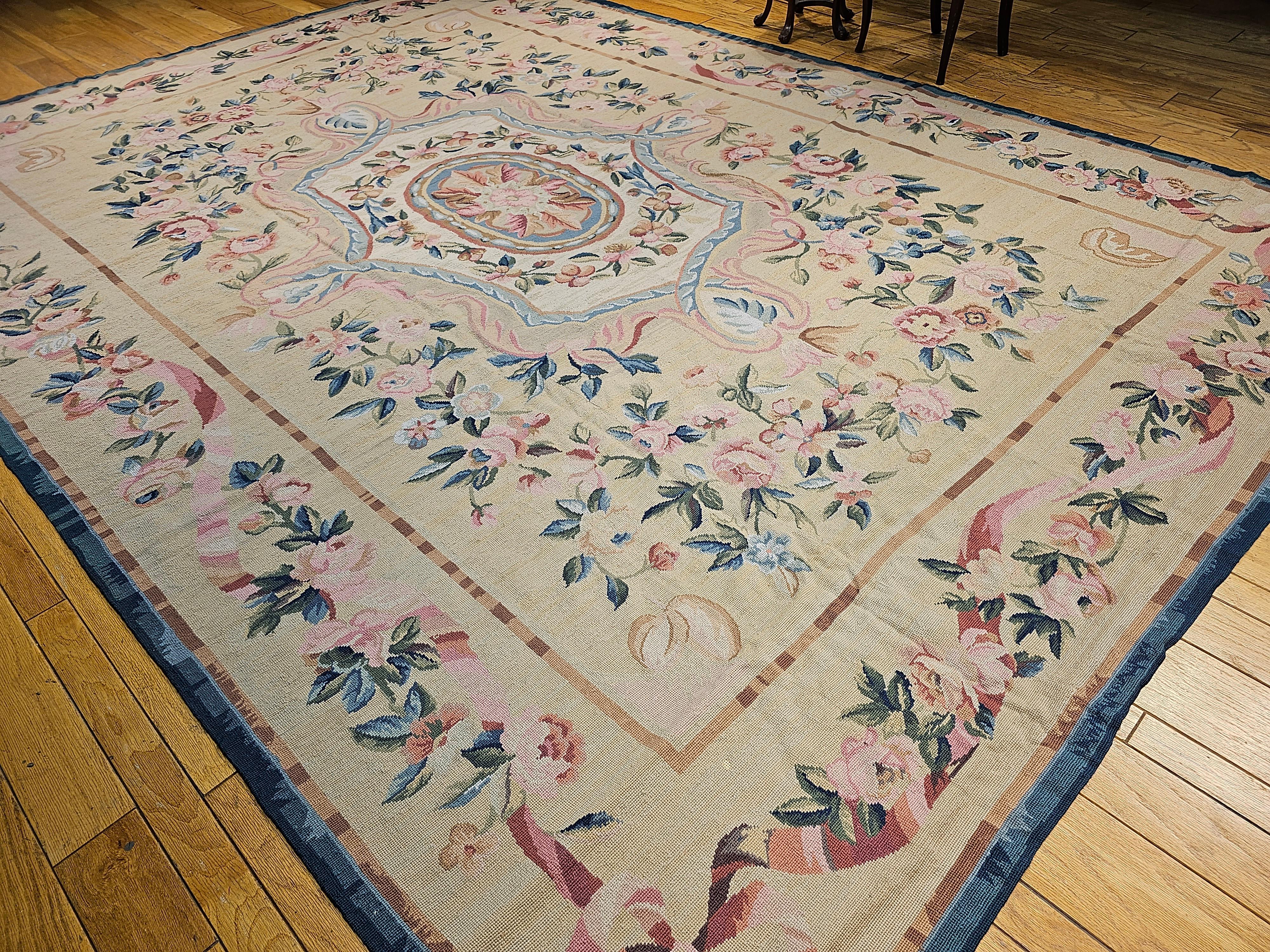 19th Century French Aubusson Needlepoint Carpet in Floral Pattern in Ivory, Blue For Sale 7
