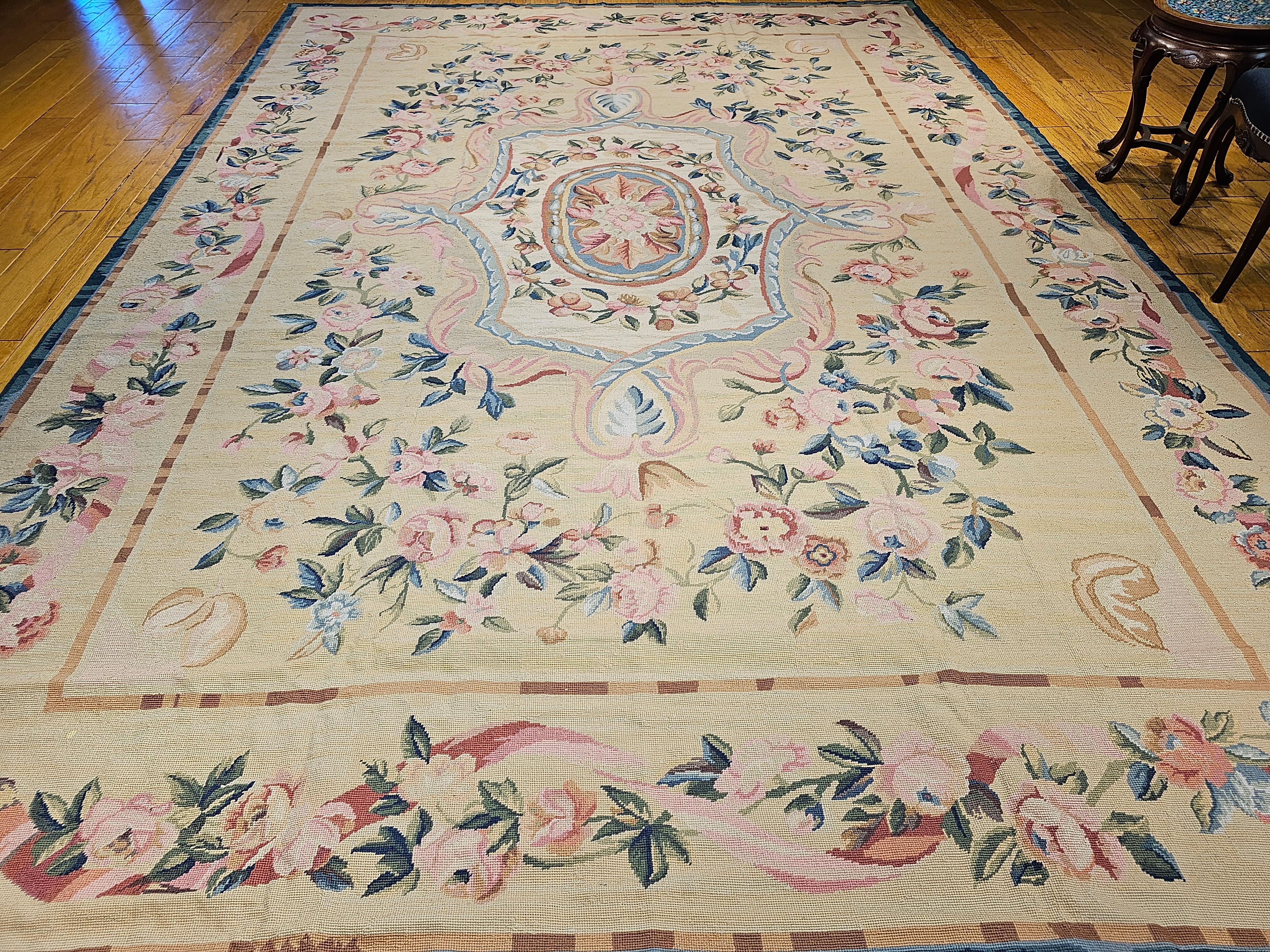 19th Century French Aubusson Needlepoint Carpet in Floral Pattern in Ivory, Blue For Sale 8