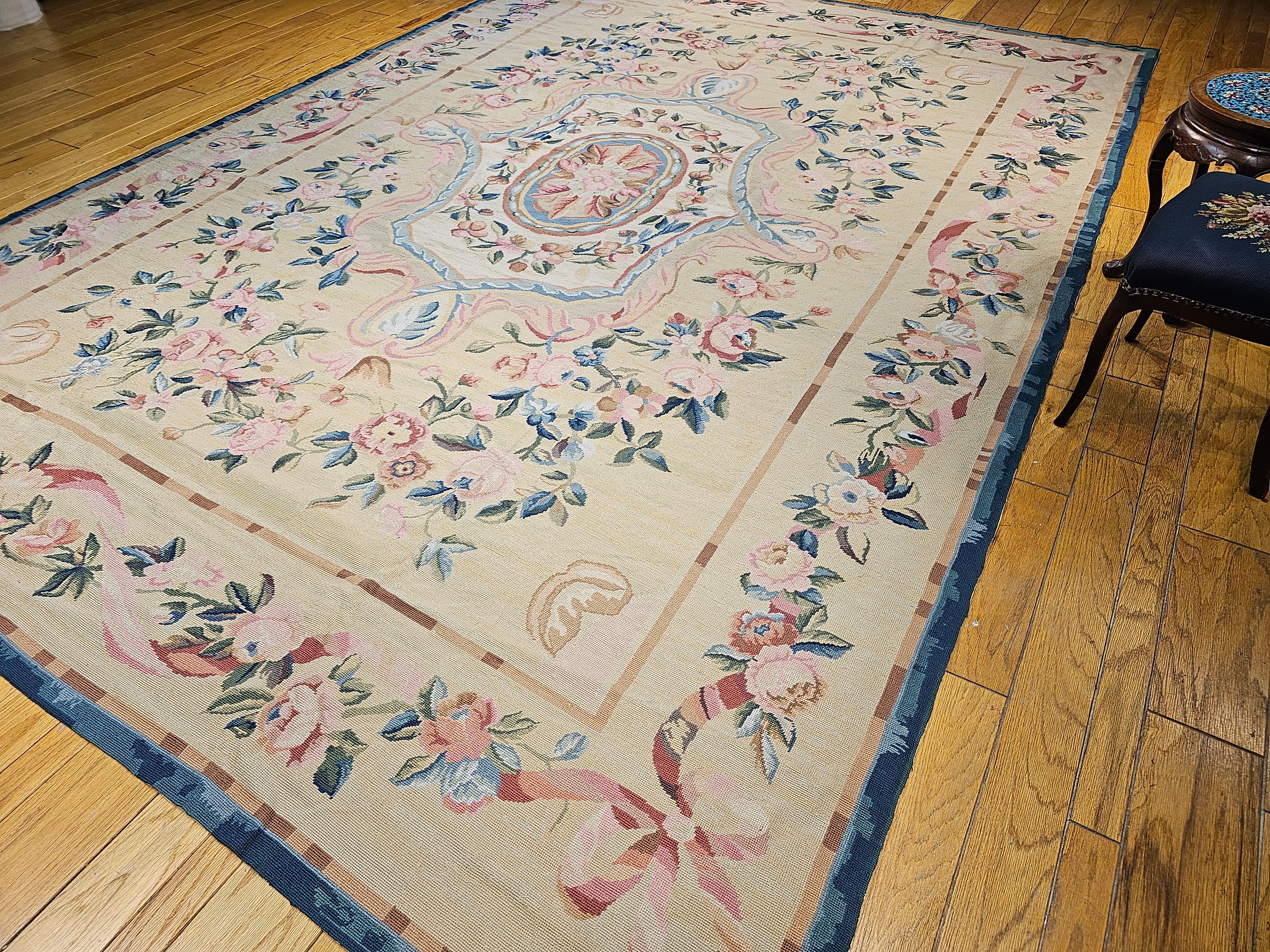 19th Century French Aubusson Needlepoint Carpet in Floral Pattern in Ivory, Blue For Sale 9