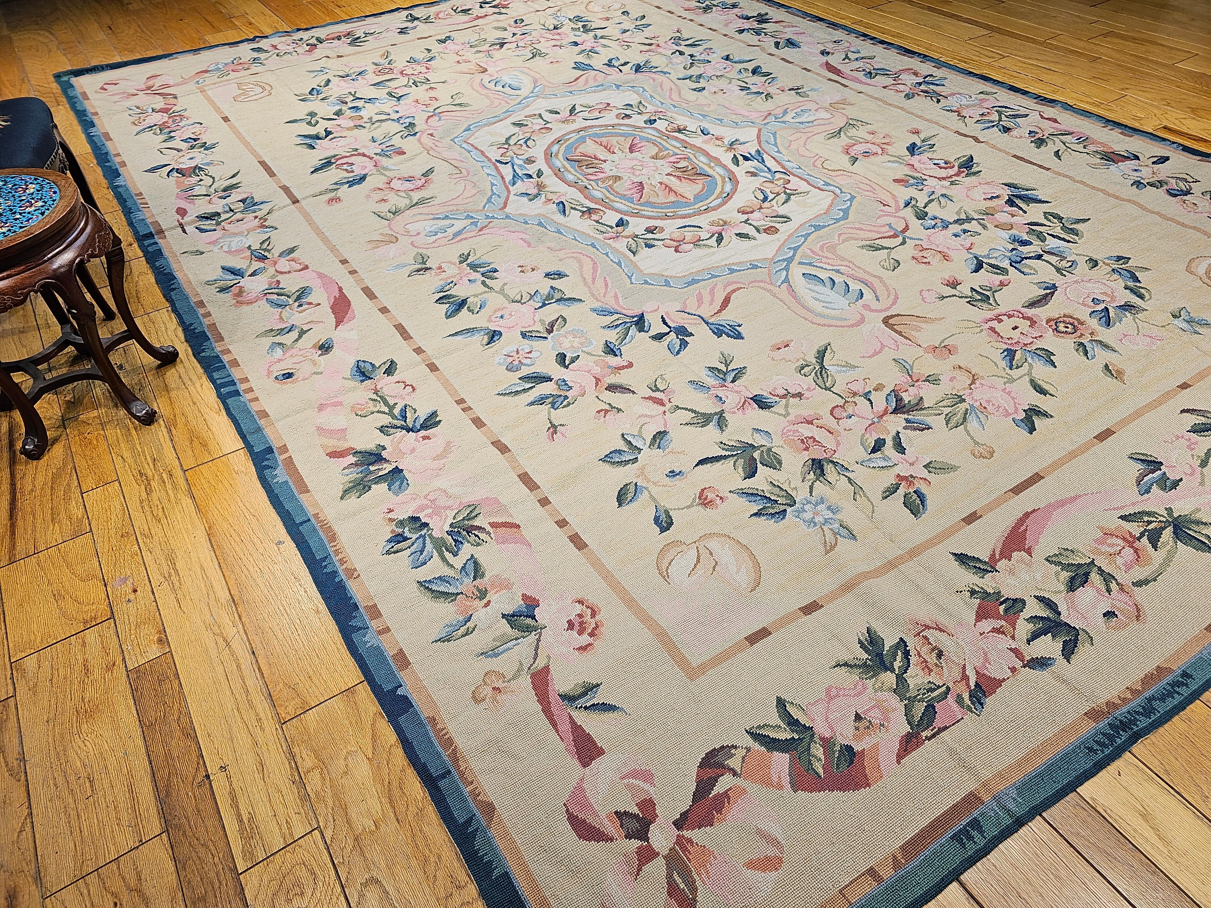 19th Century French Aubusson Needlepoint Carpet in Floral Pattern in Ivory, Blue For Sale 10